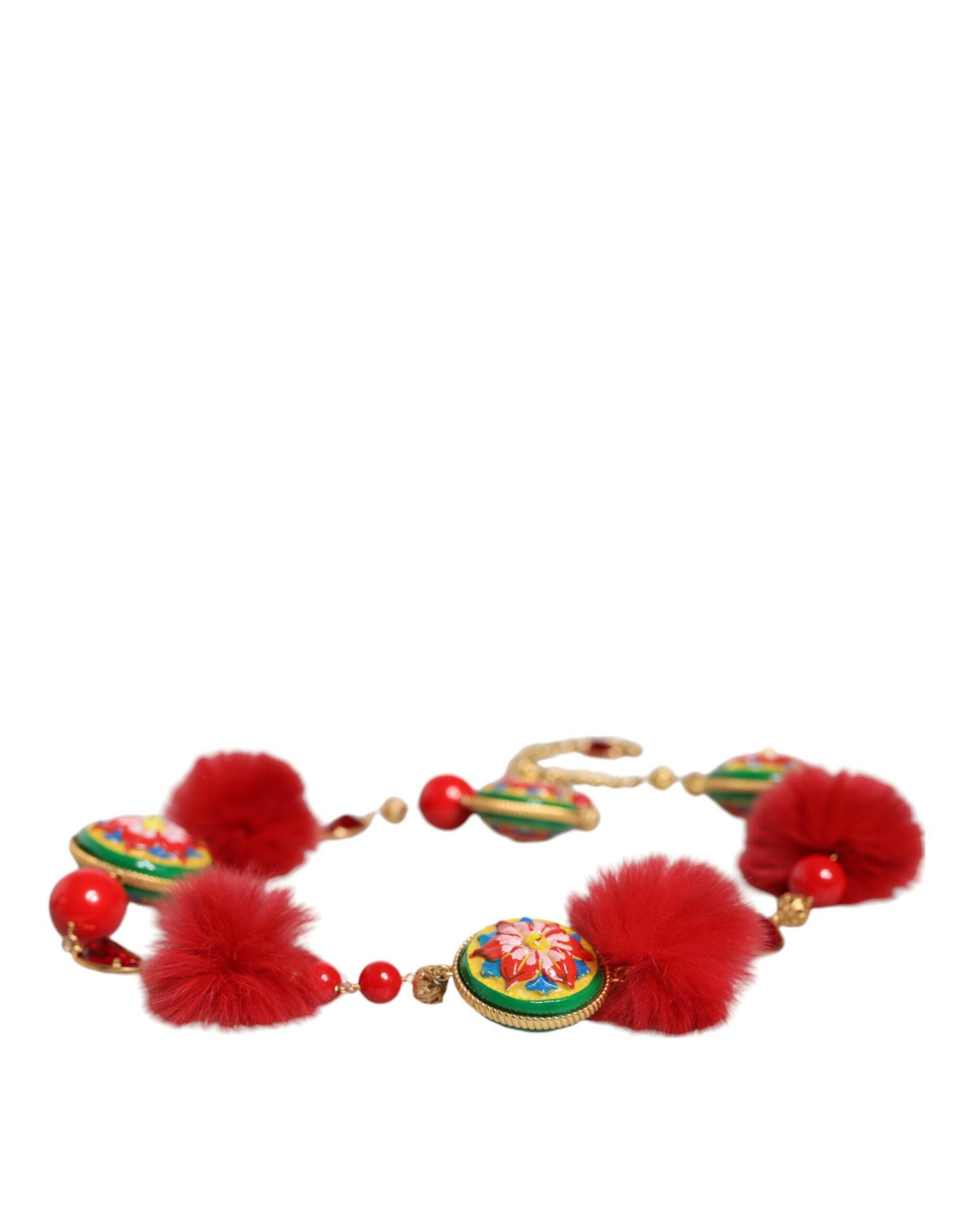 Dolce & Gabbana Gold Brass Red Fur Crystal Waist Torero Belt -   -  Dolce & Gabbana.