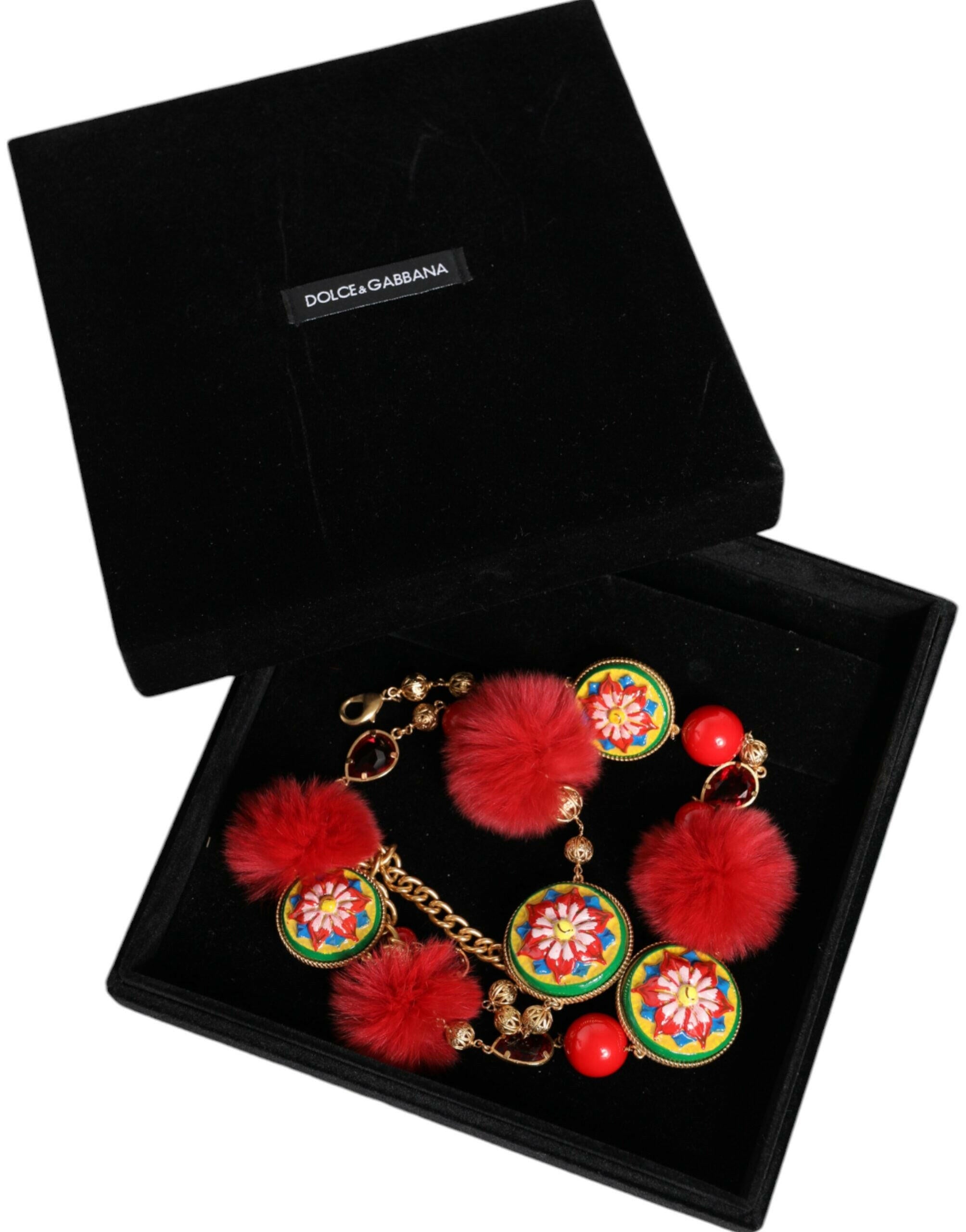 Dolce & Gabbana Gold Brass Red Fur Crystal Waist Torero Belt -   -  Dolce & Gabbana.