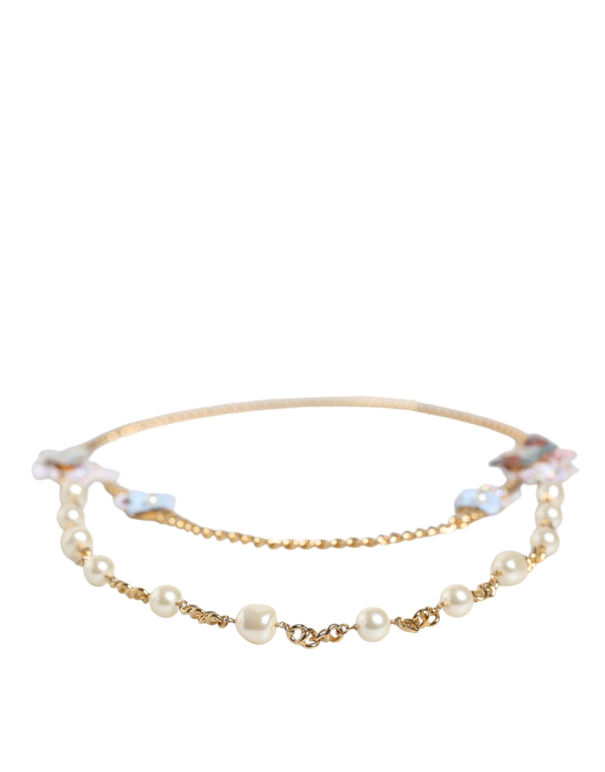 Dolce & Gabbana Gold Chain Brass Floral Layered Crystal Pearl Necklace -   -  Dolce & Gabbana.
