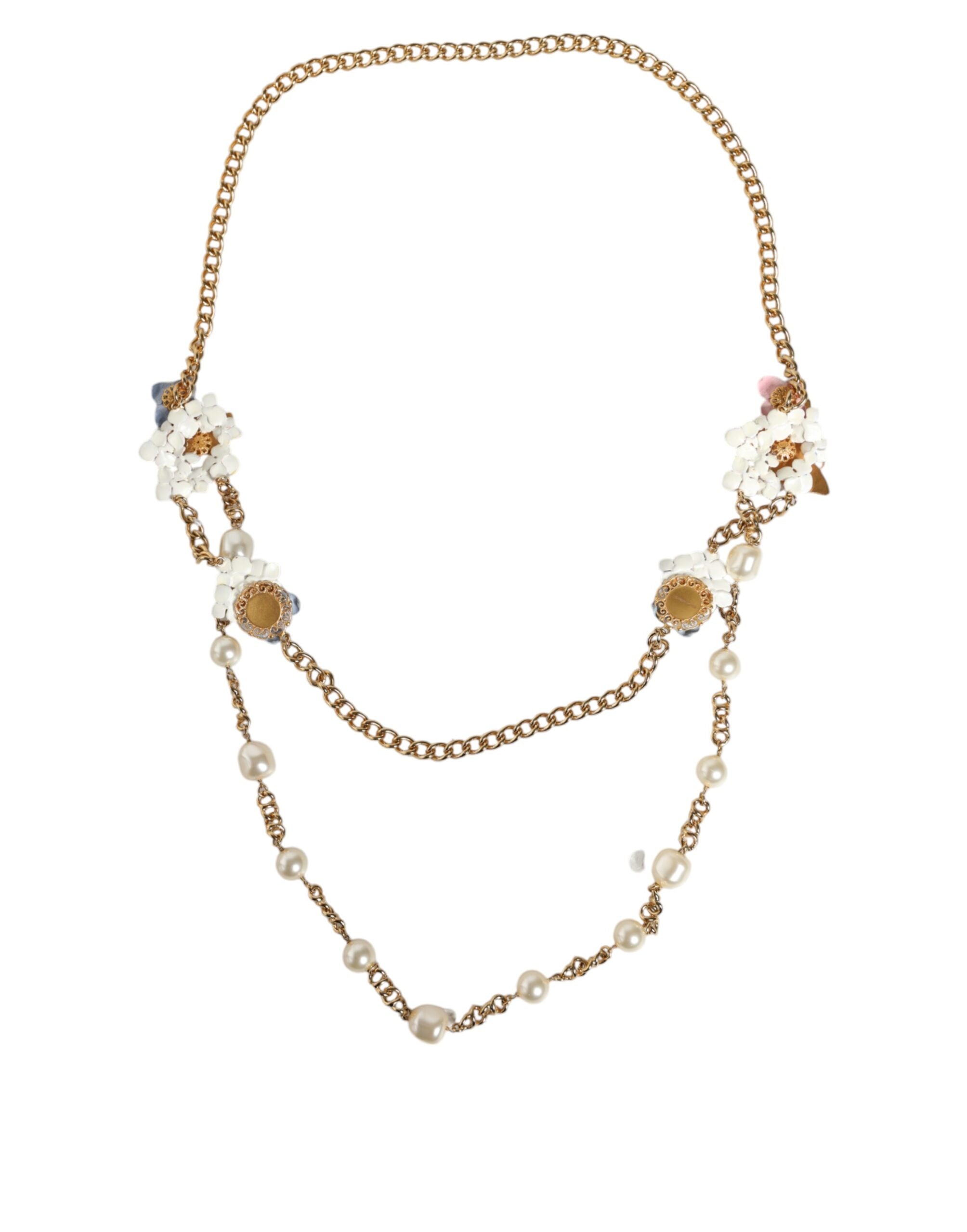 Dolce & Gabbana Gold Chain Brass Floral Layered Crystal Pearl Necklace -   -  Dolce & Gabbana.