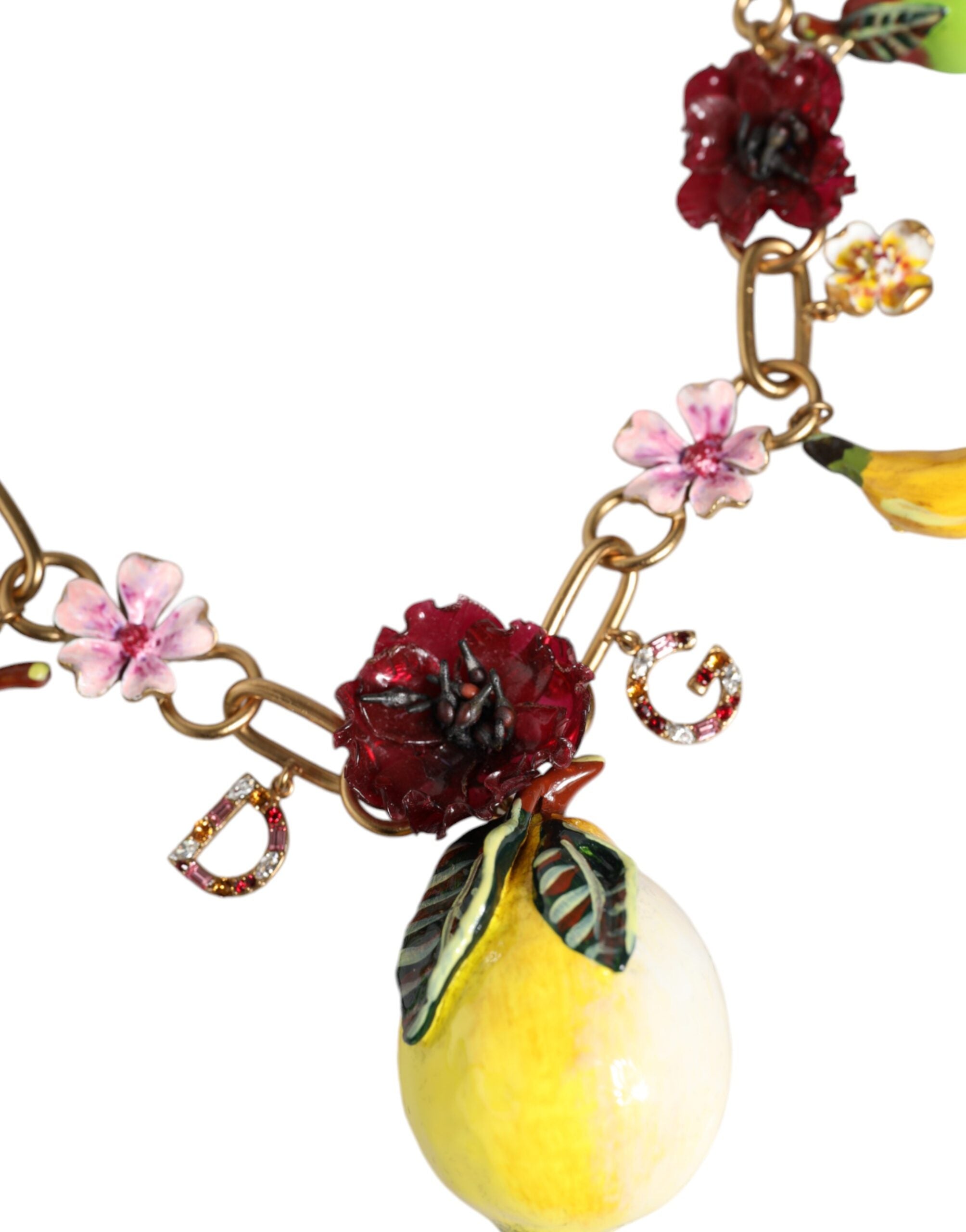 Dolce & Gabbana Gold Brass FRUIT Pendants Flowers Crystal Logo Necklace -   -  Dolce & Gabbana.