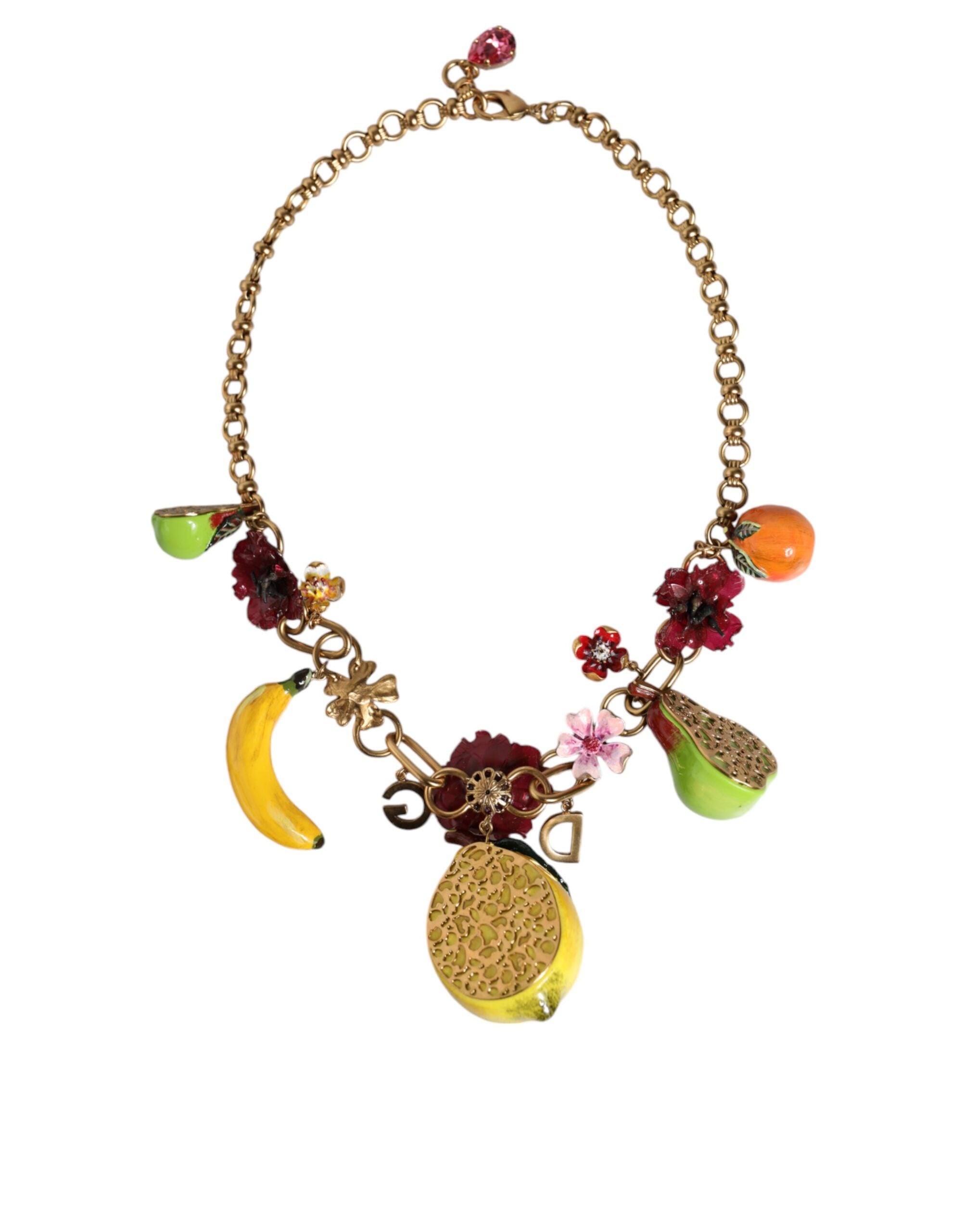 Dolce & Gabbana Gold Brass FRUIT Pendants Flowers Crystal Logo Necklace -   -  Dolce & Gabbana.