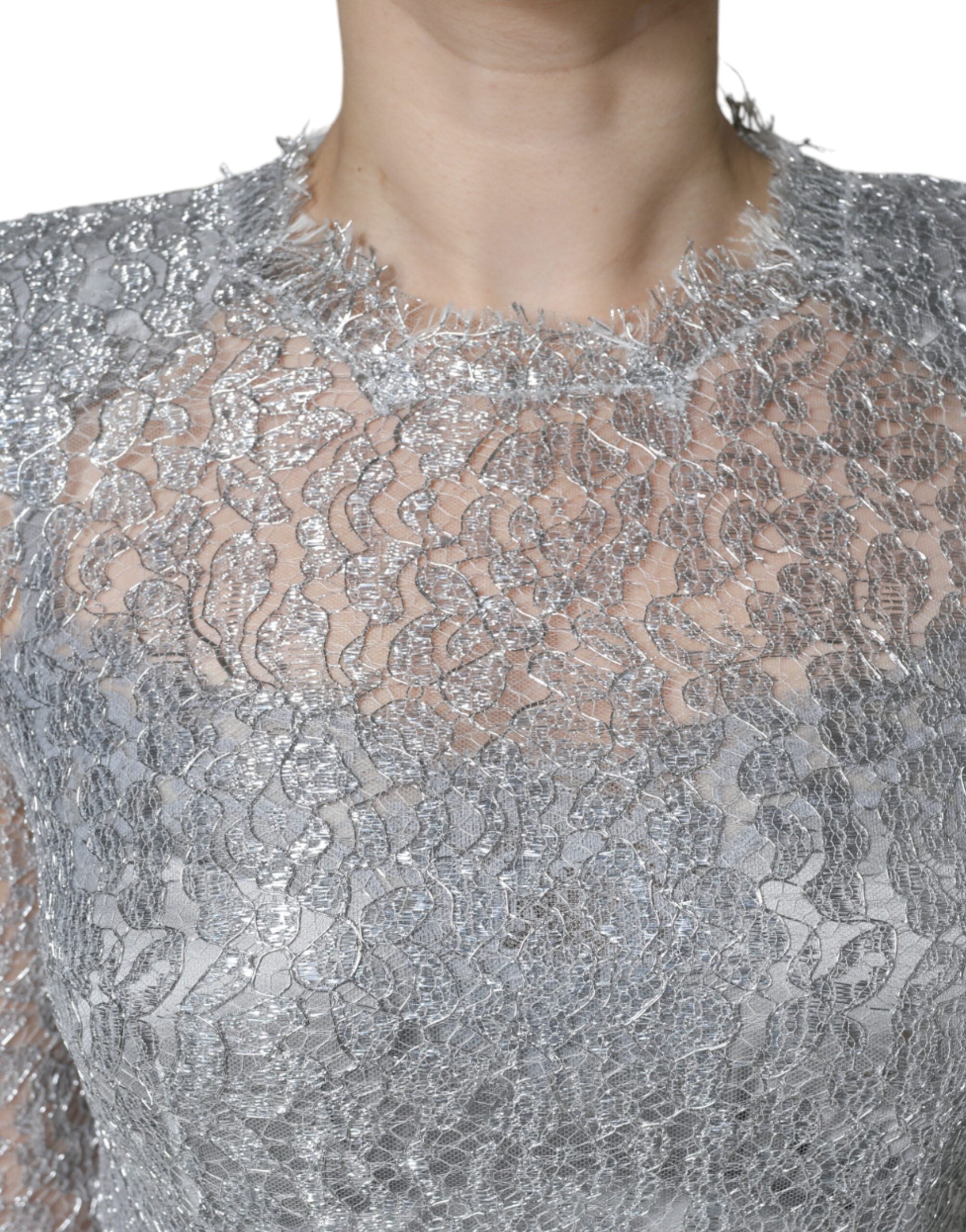 Dolce & Gabbana Silver Floral Lace Bodycon Sheath Midi Dress -   -  Dolce & Gabbana.