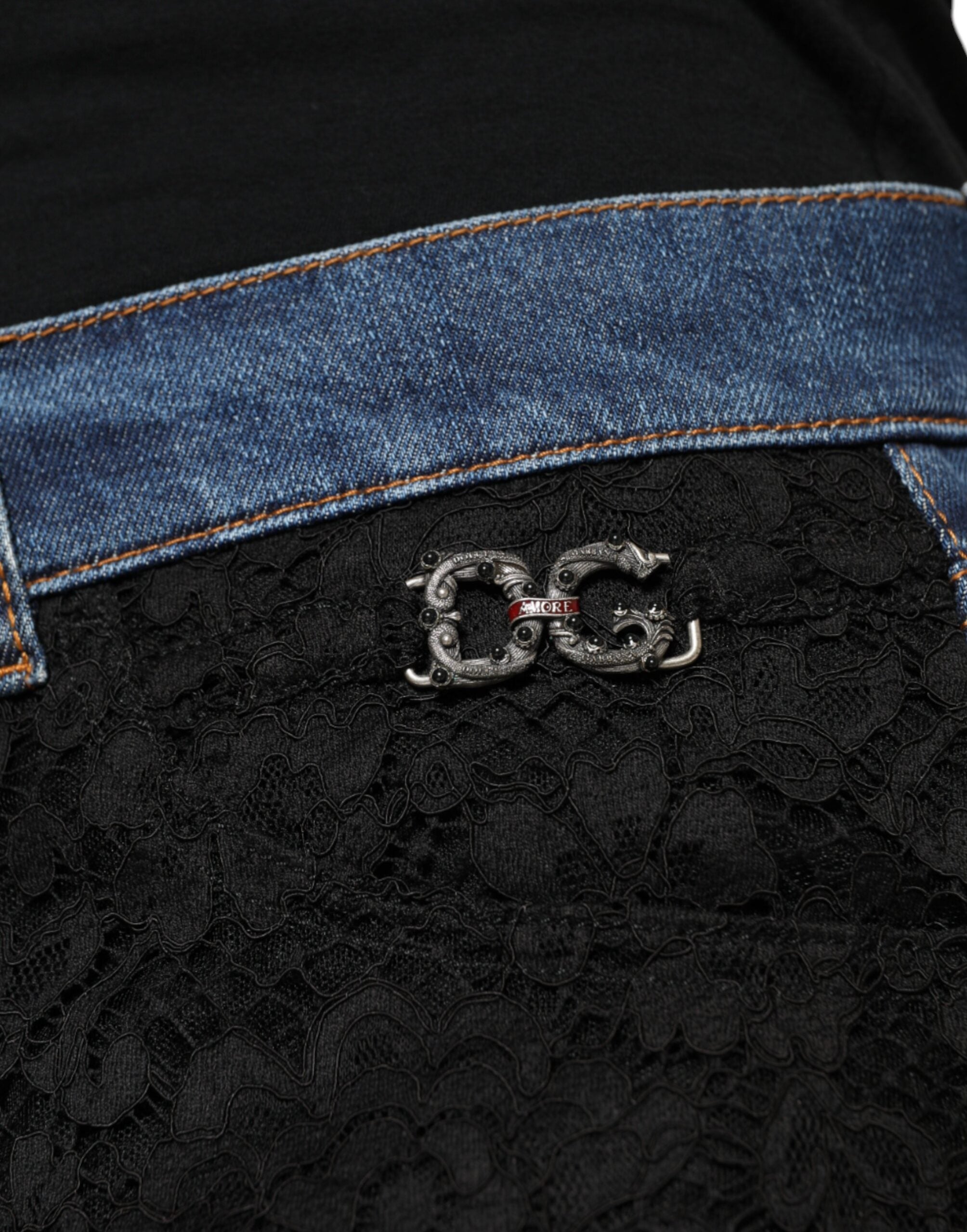 Dolce & Gabbana Black Floral Lace Front Skinny Denim Jeans -   -  Dolce & Gabbana.
