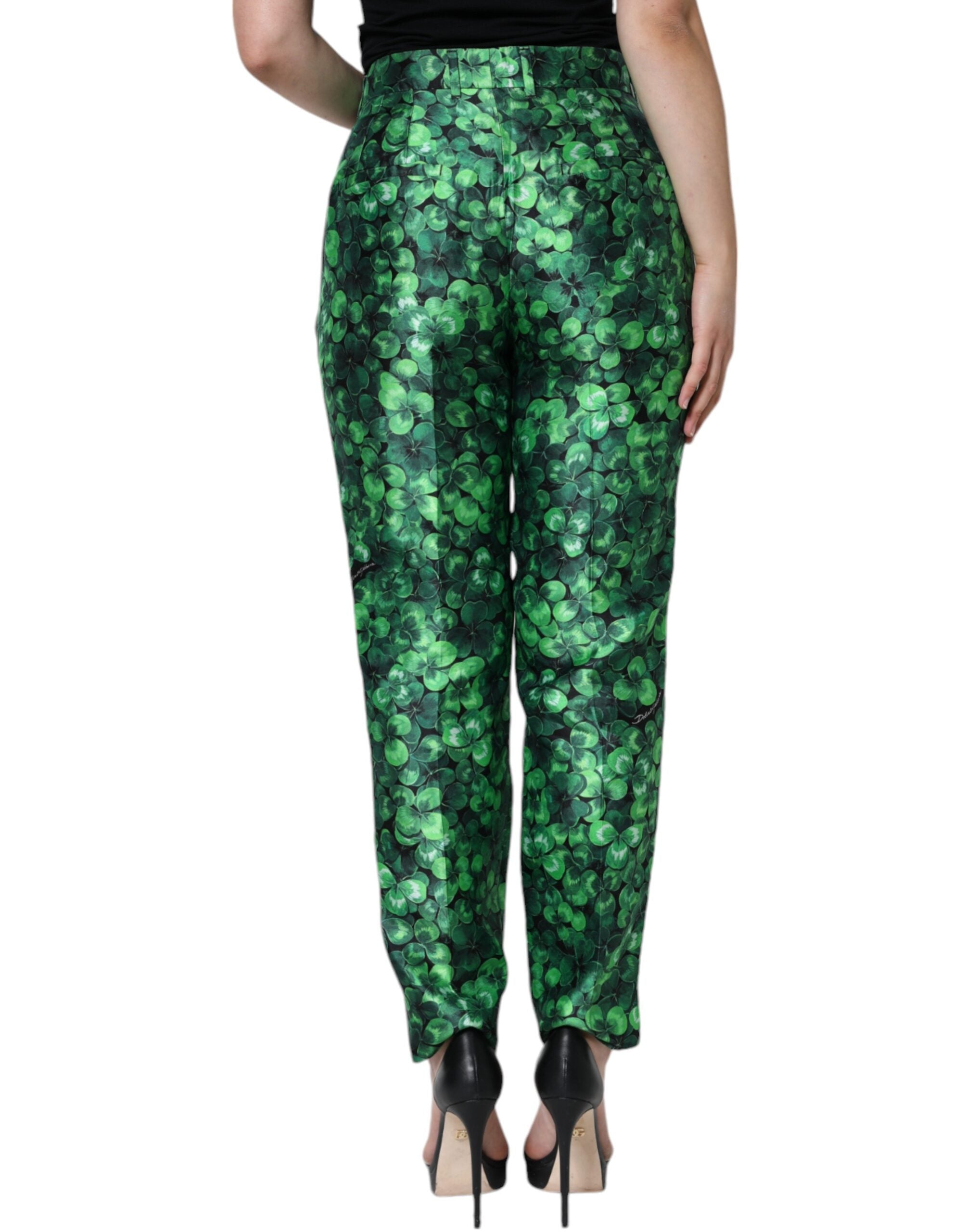 Dolce & Gabbana Green Clover Silk Satin High Waist Tapered Pants -   -  Dolce & Gabbana.