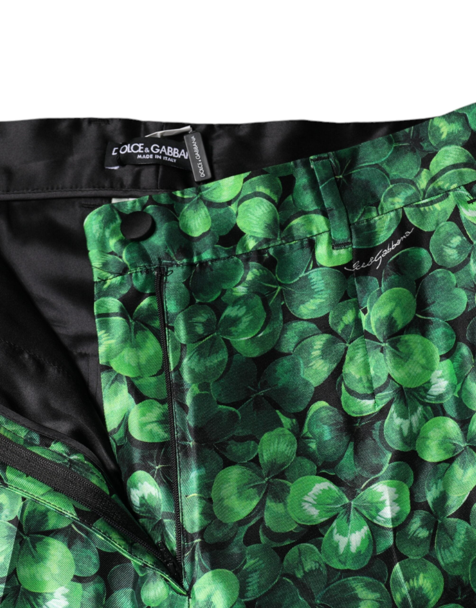 Dolce & Gabbana Green Clover Silk Satin High Waist Tapered Pants -   -  Dolce & Gabbana.