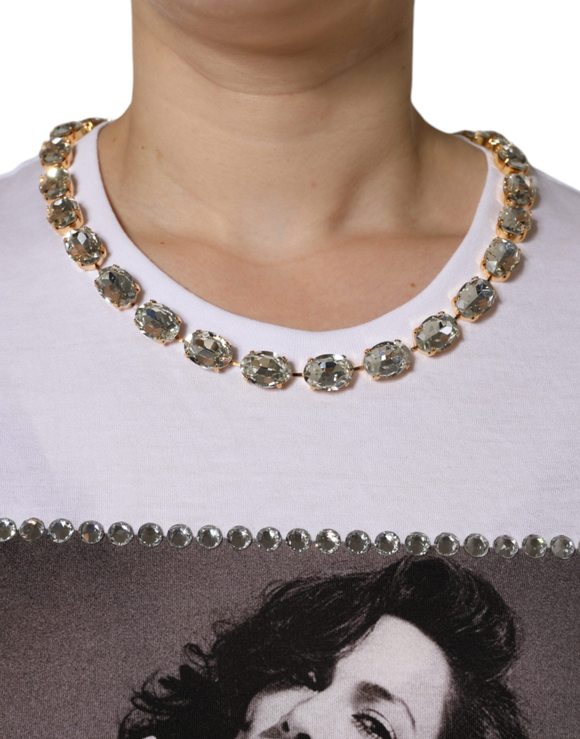 Dolce & Gabbana White Crystal Neckline Embellished Printed T-shirt -   -  Dolce & Gabbana.
