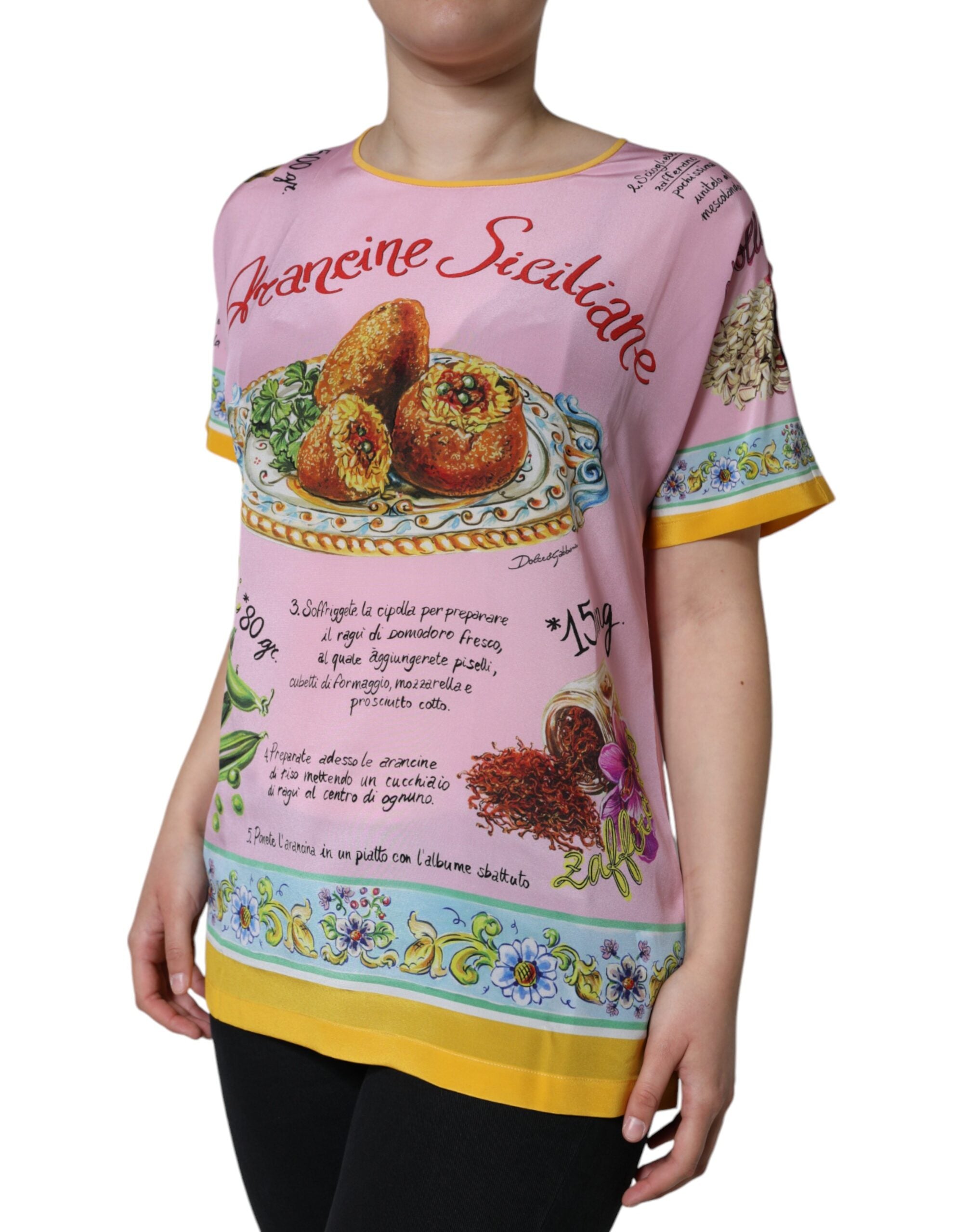 Dolce & Gabbana Pink Silk Araneine Siciliana Print Short Sleeves Top -   -  Dolce & Gabbana.