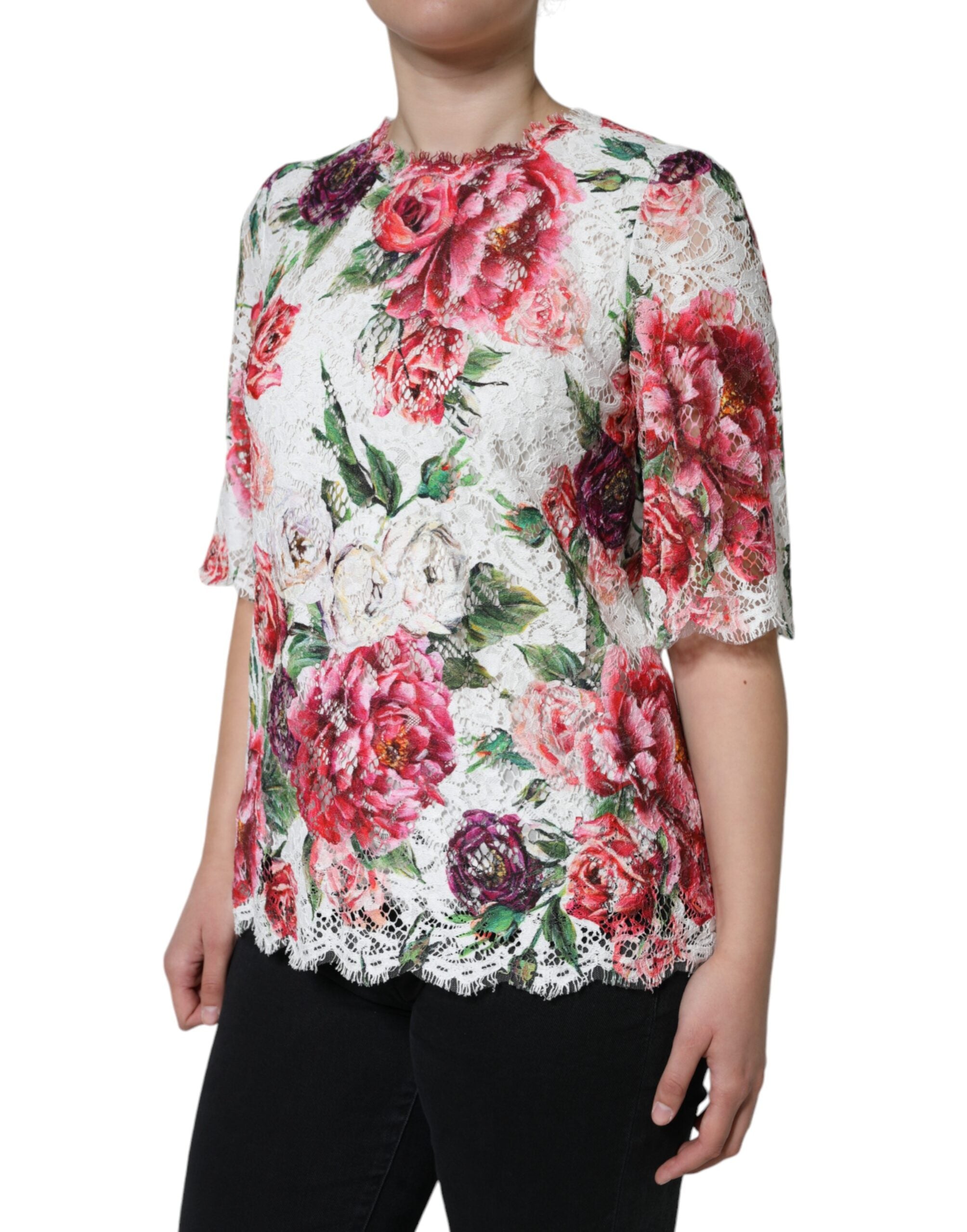 Dolce & Gabbana White Peony Lace Short Sleeves Blouse Top -   -  Dolce & Gabbana.
