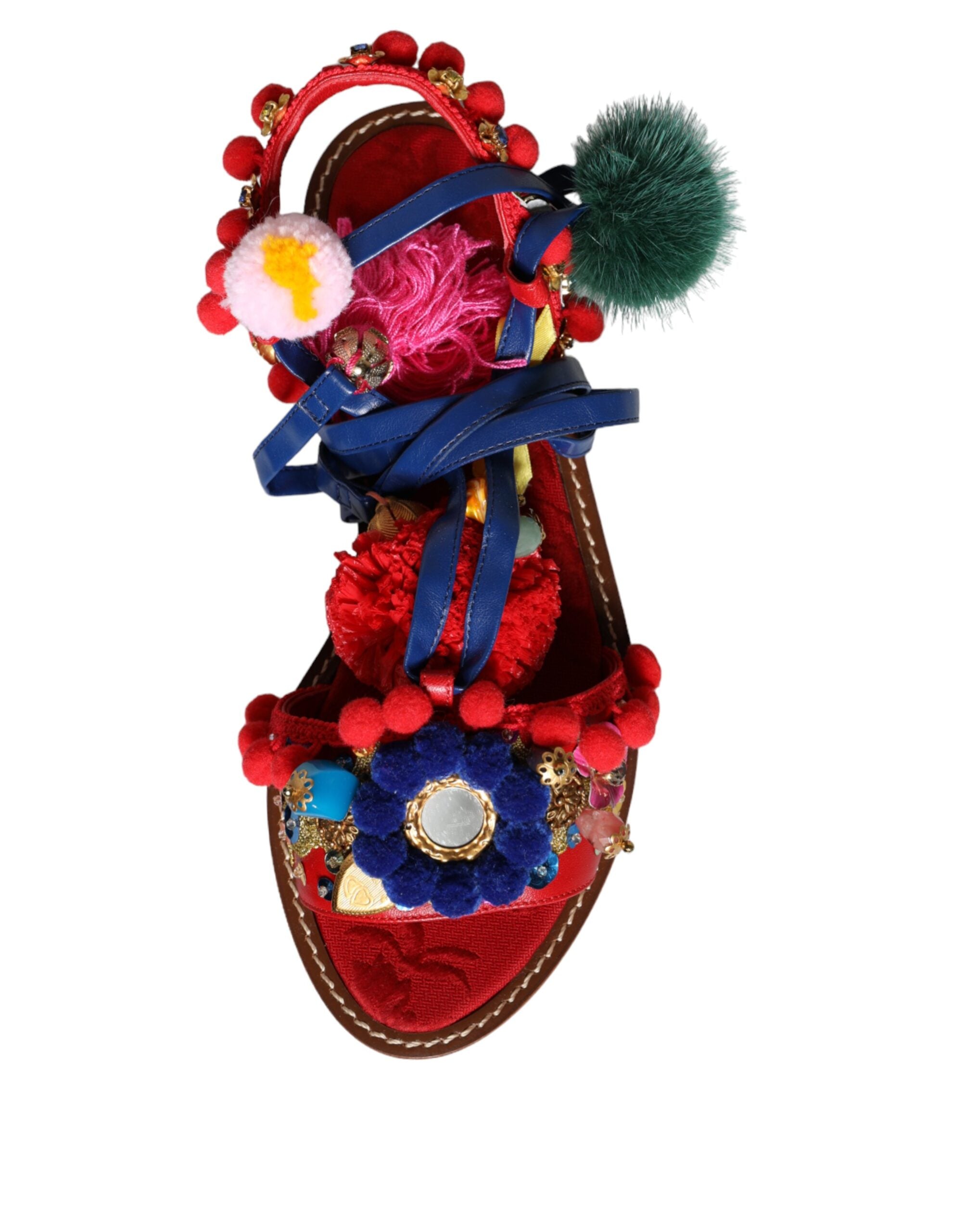Dolce & Gabbana Multicolor Pom Pom Fur Wrap Sandals Shoes -   -  Dolce & Gabbana.