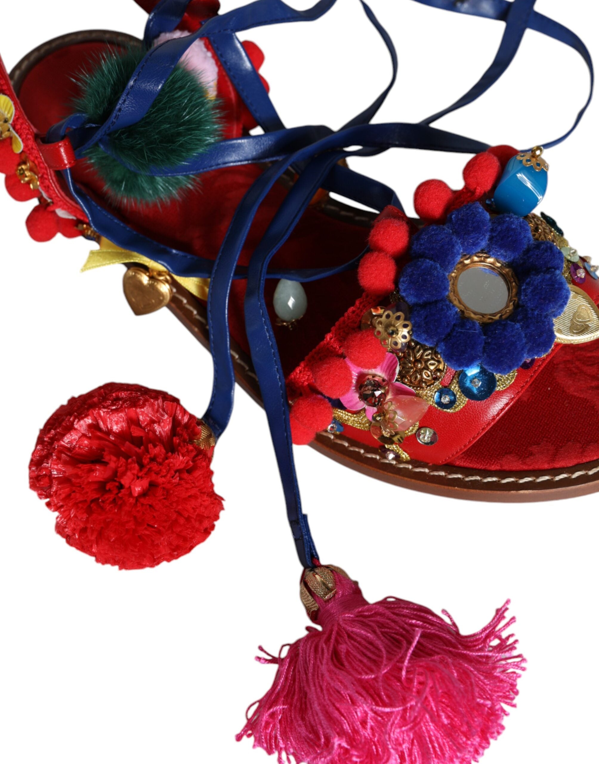 Dolce & Gabbana Multicolor Pom Pom Fur Wrap Sandals Shoes -   -  Dolce & Gabbana.