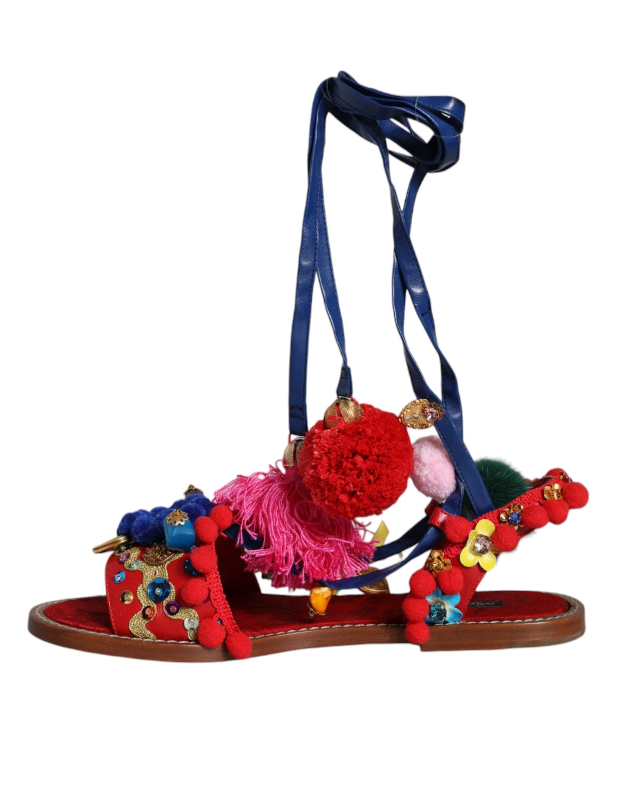 Dolce & Gabbana Multicolor Pom Pom Fur Wrap Sandals Shoes -   -  Dolce & Gabbana.