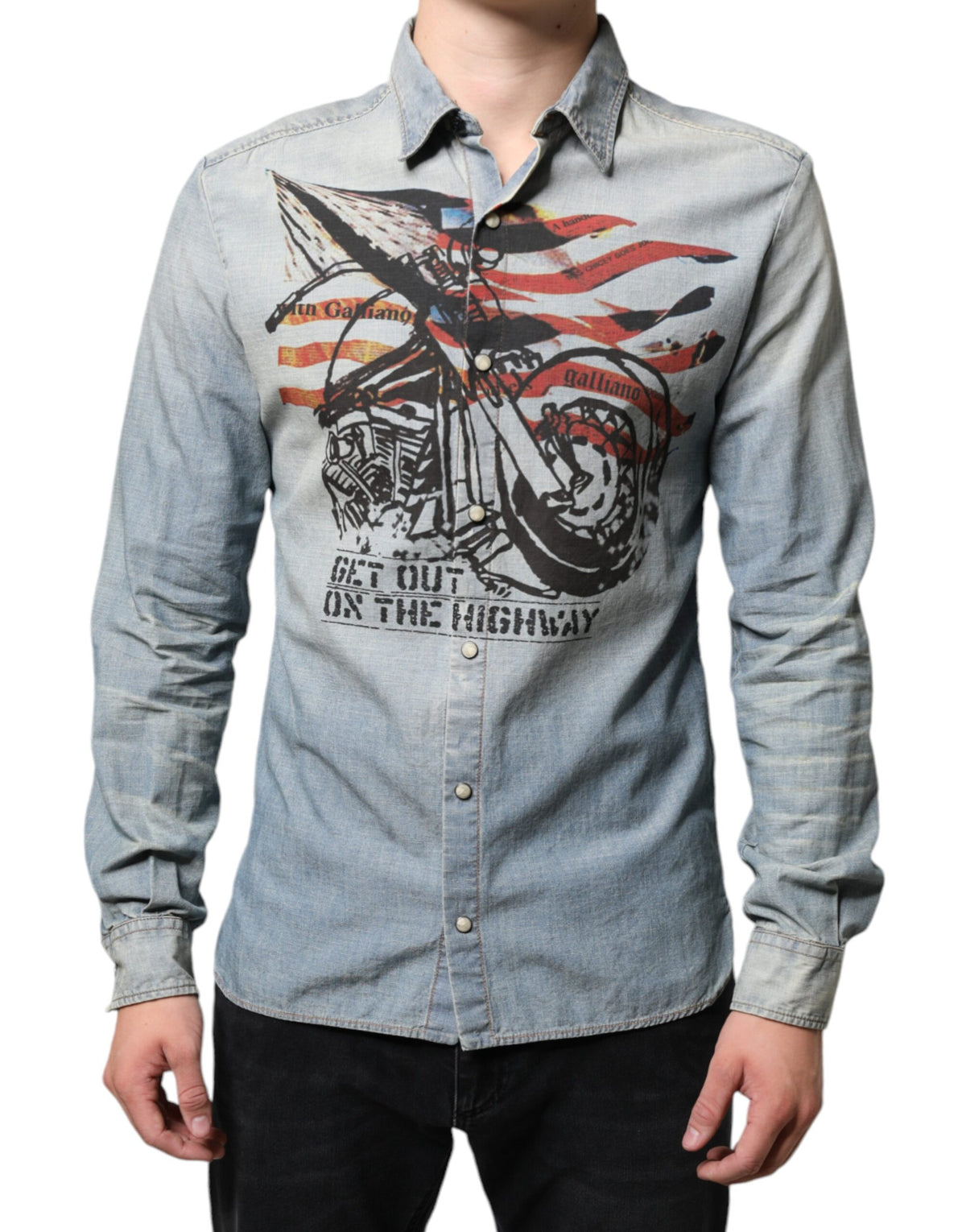John Galliano Light Blue Printed Cotton Denim Long Sleeves Shirt -   -  John Galliano.