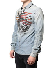 John Galliano Light Blue Printed Cotton Denim Long Sleeves Shirt -   -  John Galliano.