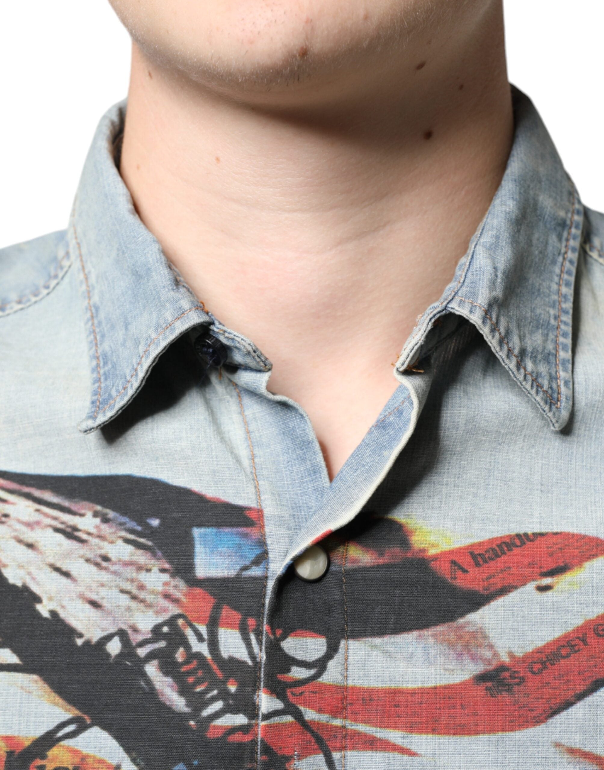John Galliano Light Blue Printed Cotton Denim Long Sleeves Shirt -   -  John Galliano.