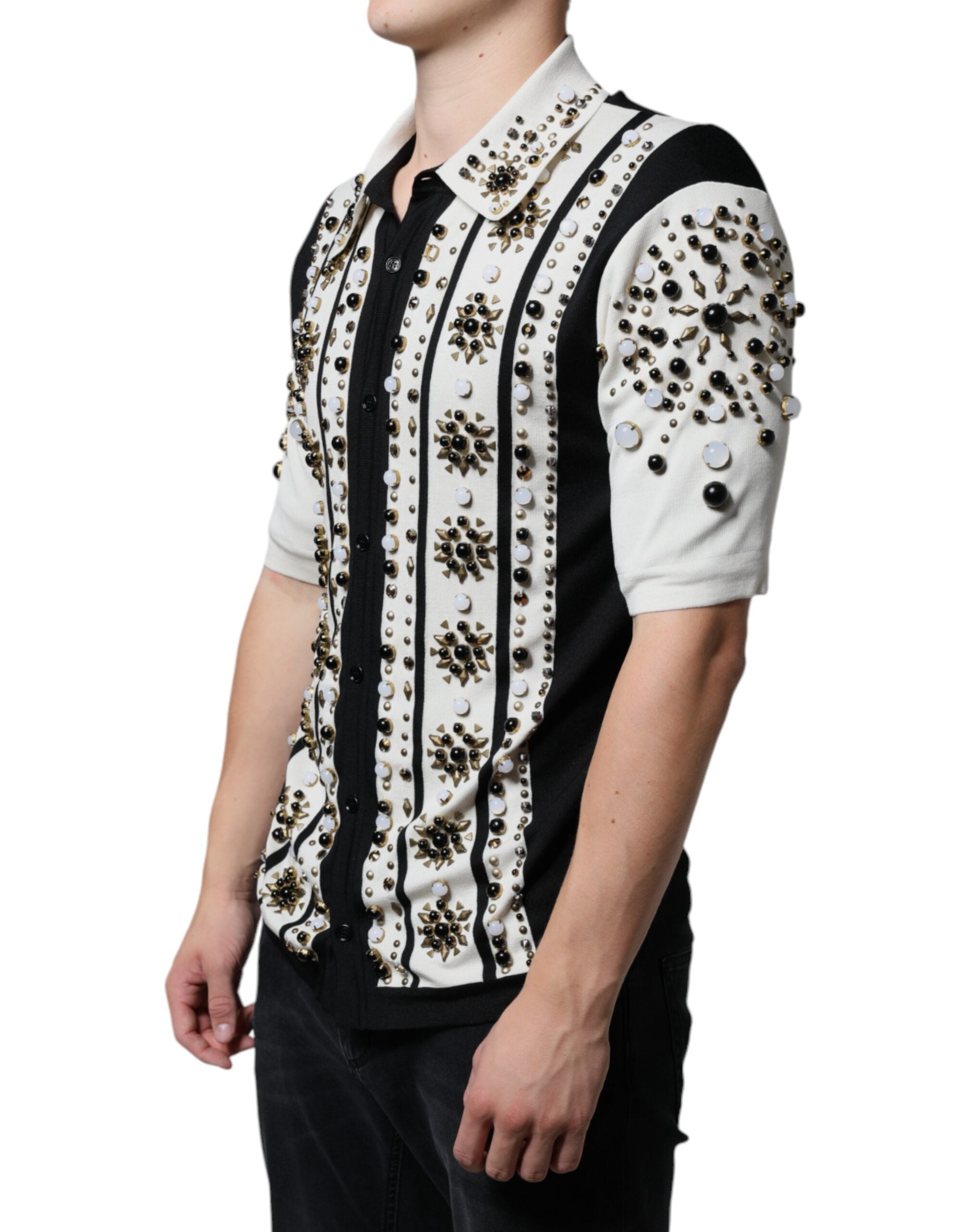 Dolce & Gabbana White Black Silk Studded Stone Crystal Shirt -   -  Dolce & Gabbana.