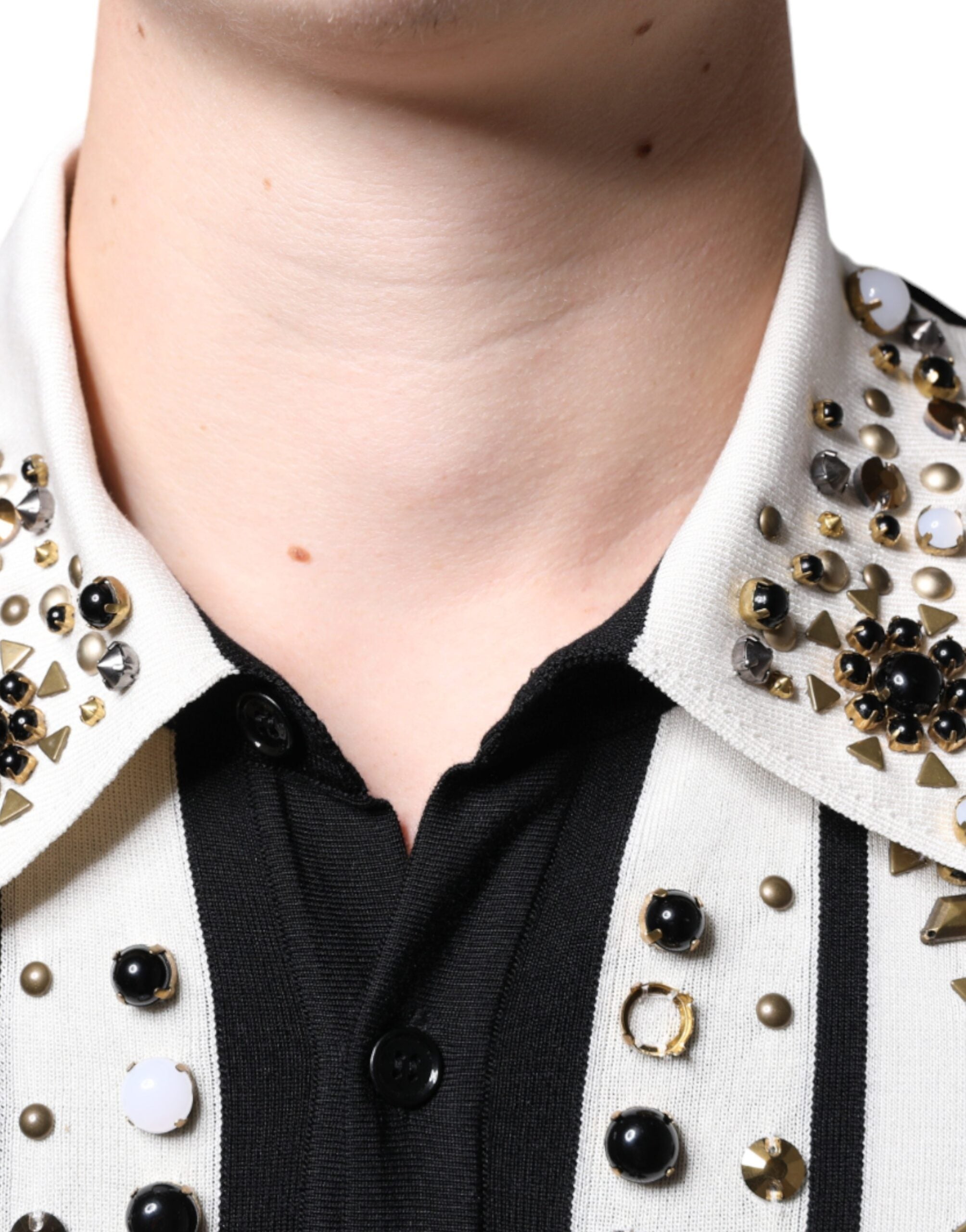 Dolce & Gabbana White Black Silk Studded Stone Crystal Shirt -   -  Dolce & Gabbana.