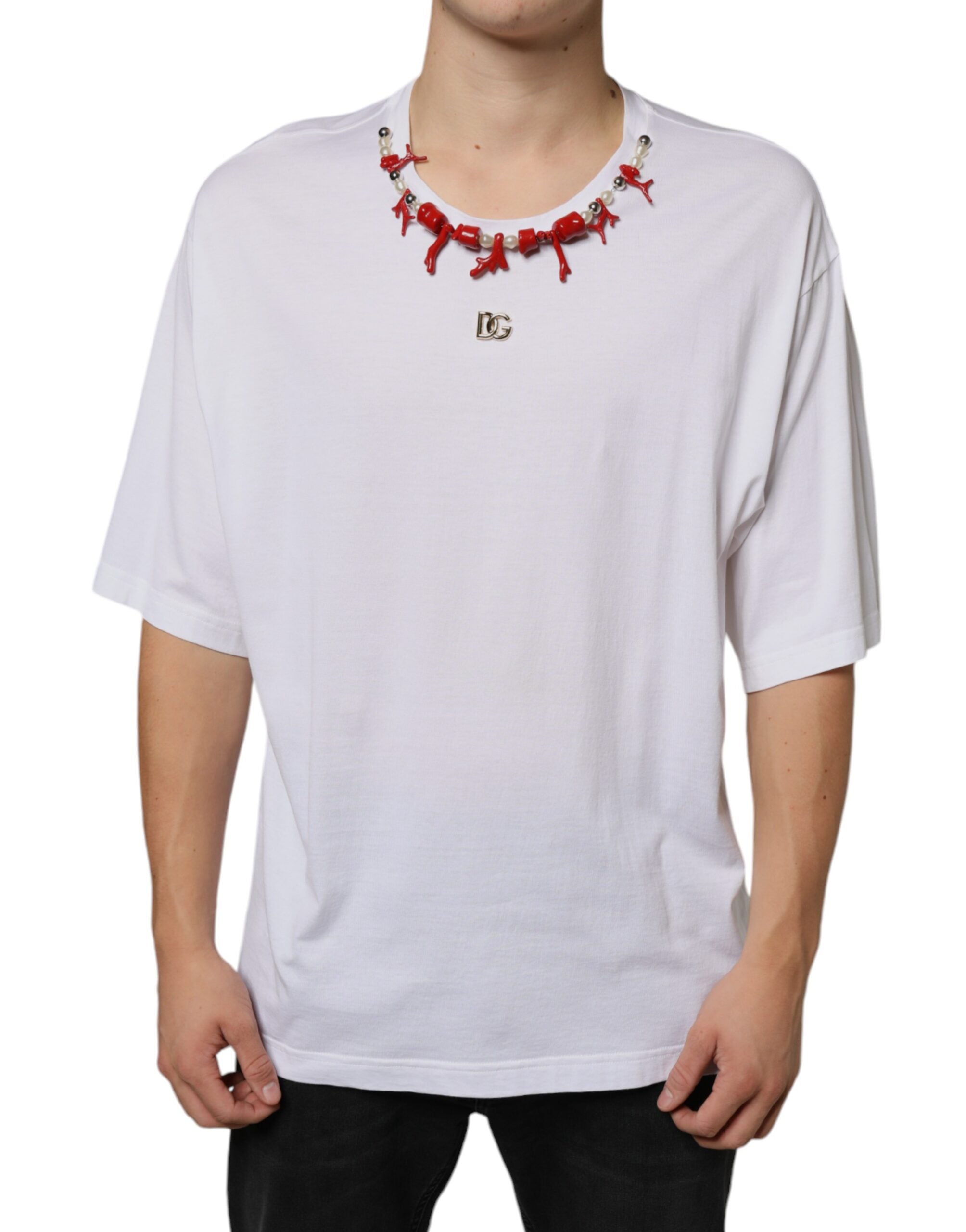 Dolce & Gabbana White Cotton Necklace Embellished T-shirt -   -  Dolce & Gabbana.