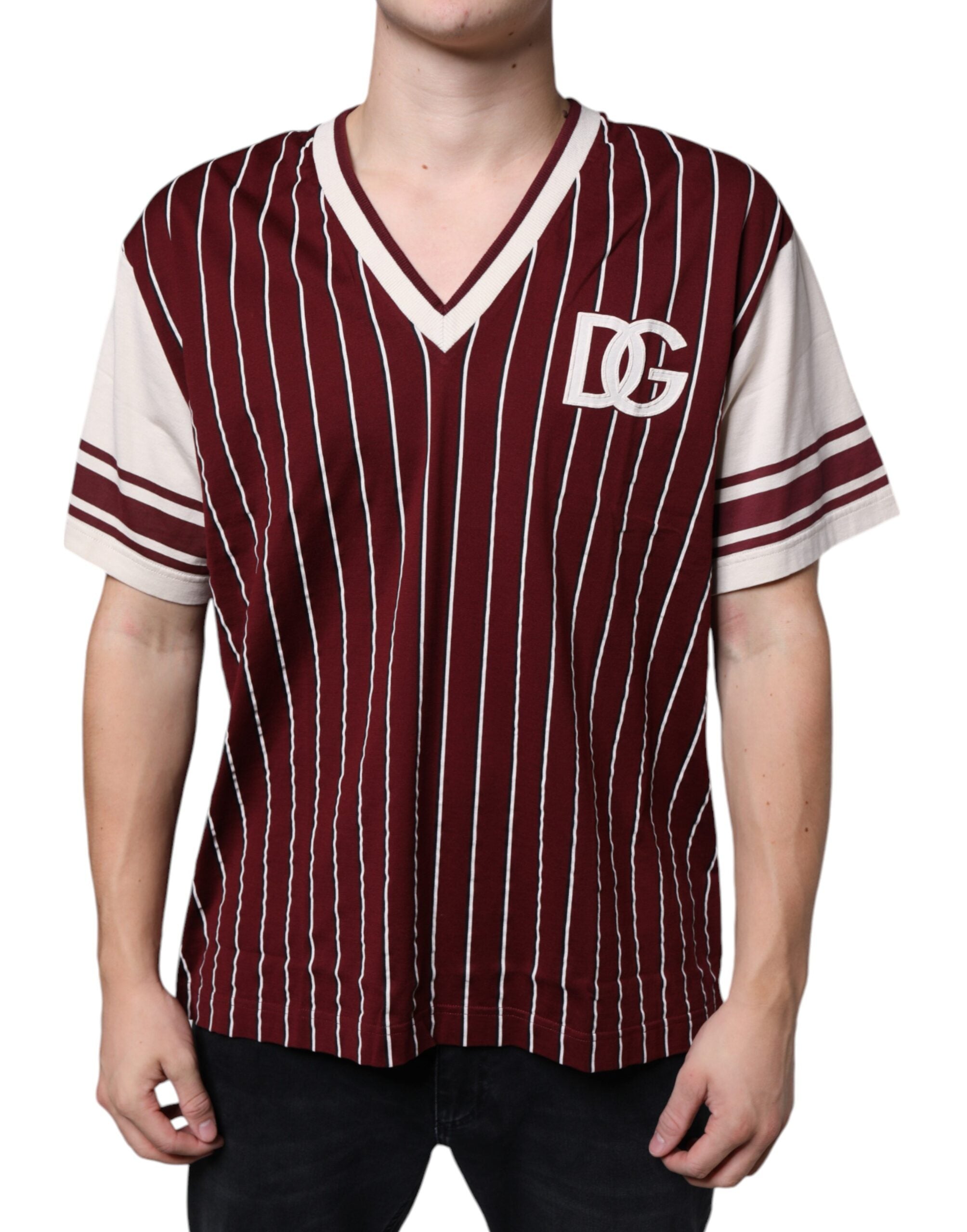Dolce & Gabbana Maroon Stripes Cotton Logo V-neck T-shirt -   -  Dolce & Gabbana.