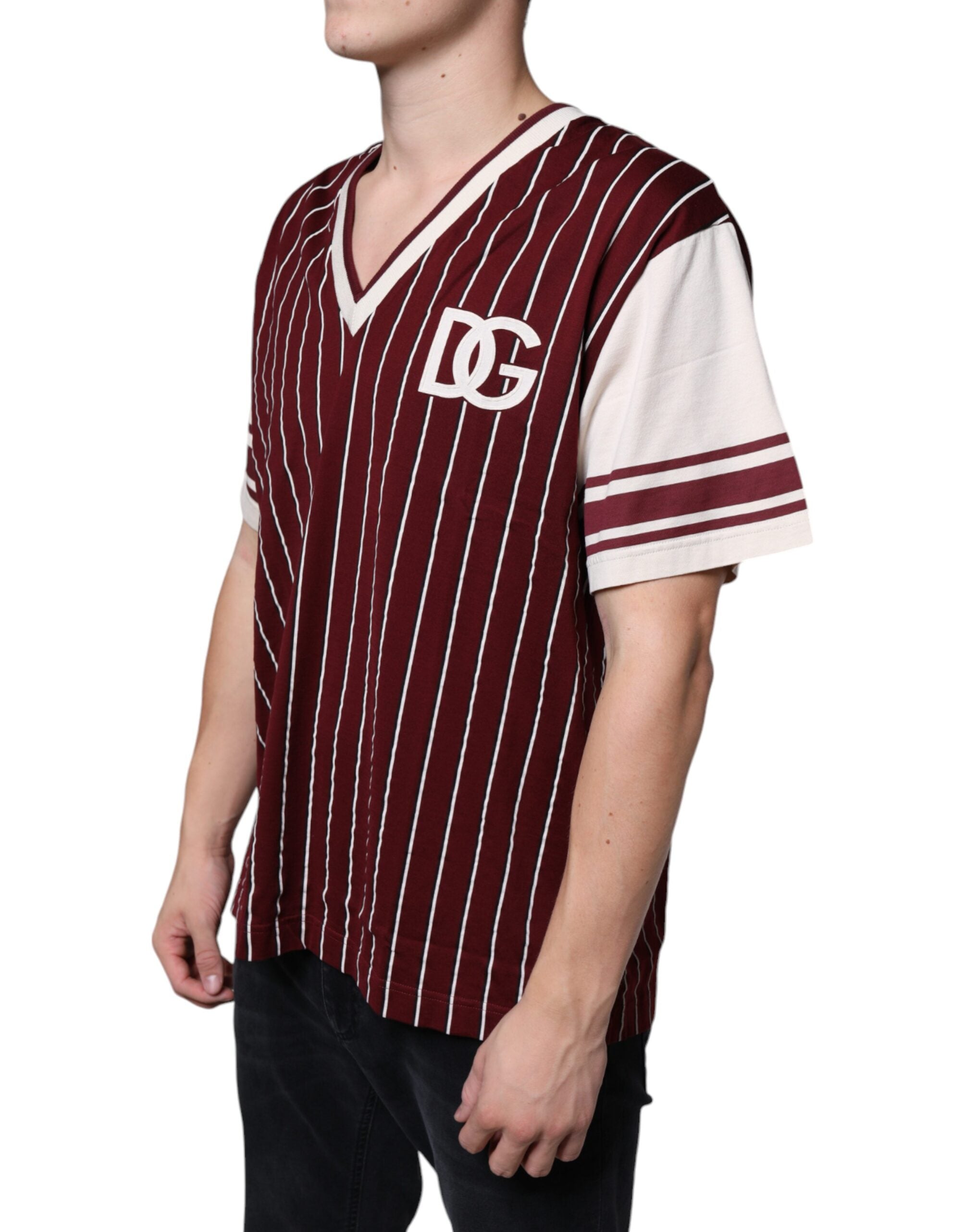 Dolce & Gabbana Maroon Stripes Cotton Logo V-neck T-shirt -   -  Dolce & Gabbana.