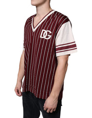 Dolce & Gabbana Maroon Stripes Cotton Logo V-neck T-shirt -   -  Dolce & Gabbana.