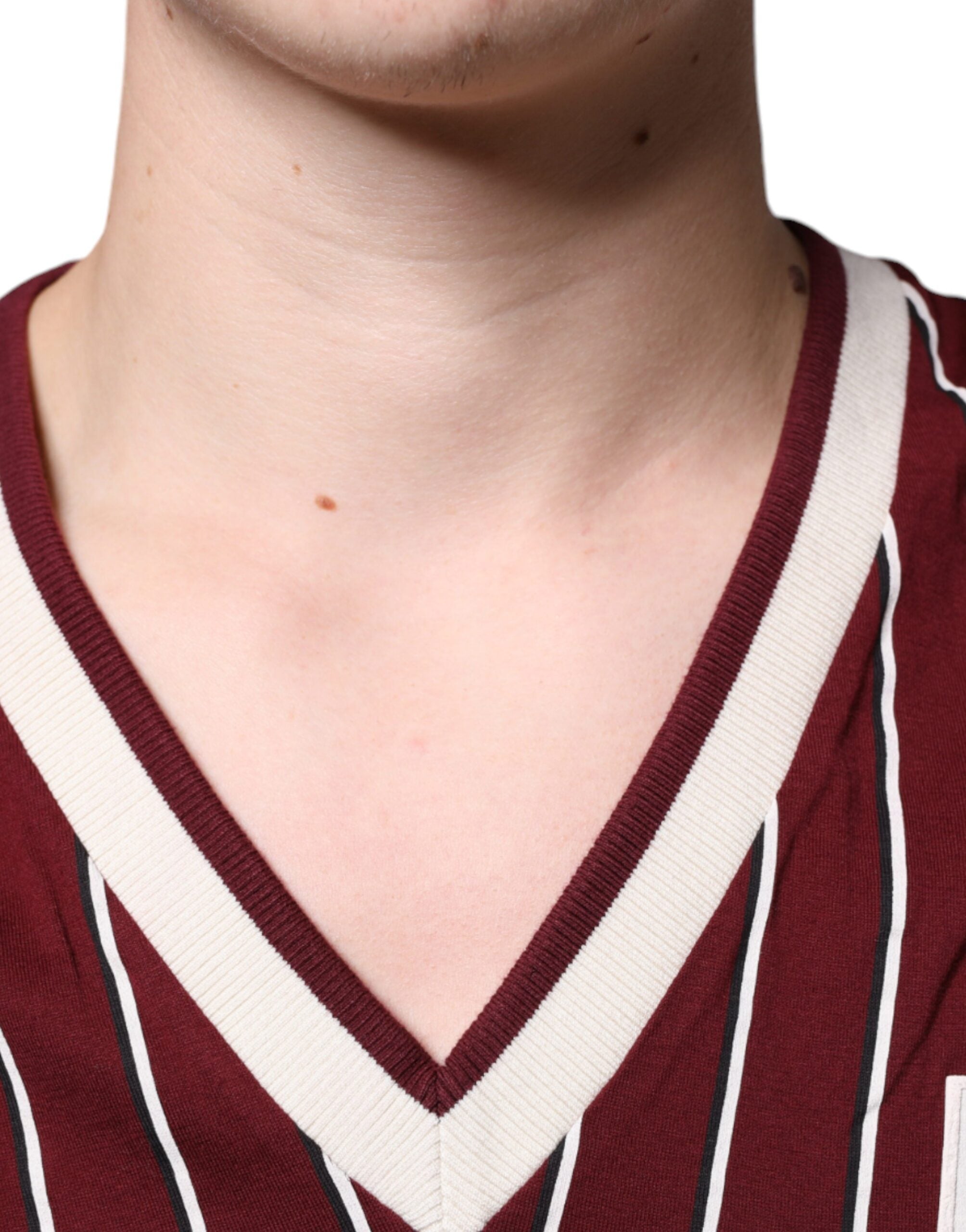 Dolce & Gabbana Maroon Stripes Cotton Logo V-neck T-shirt -   -  Dolce & Gabbana.