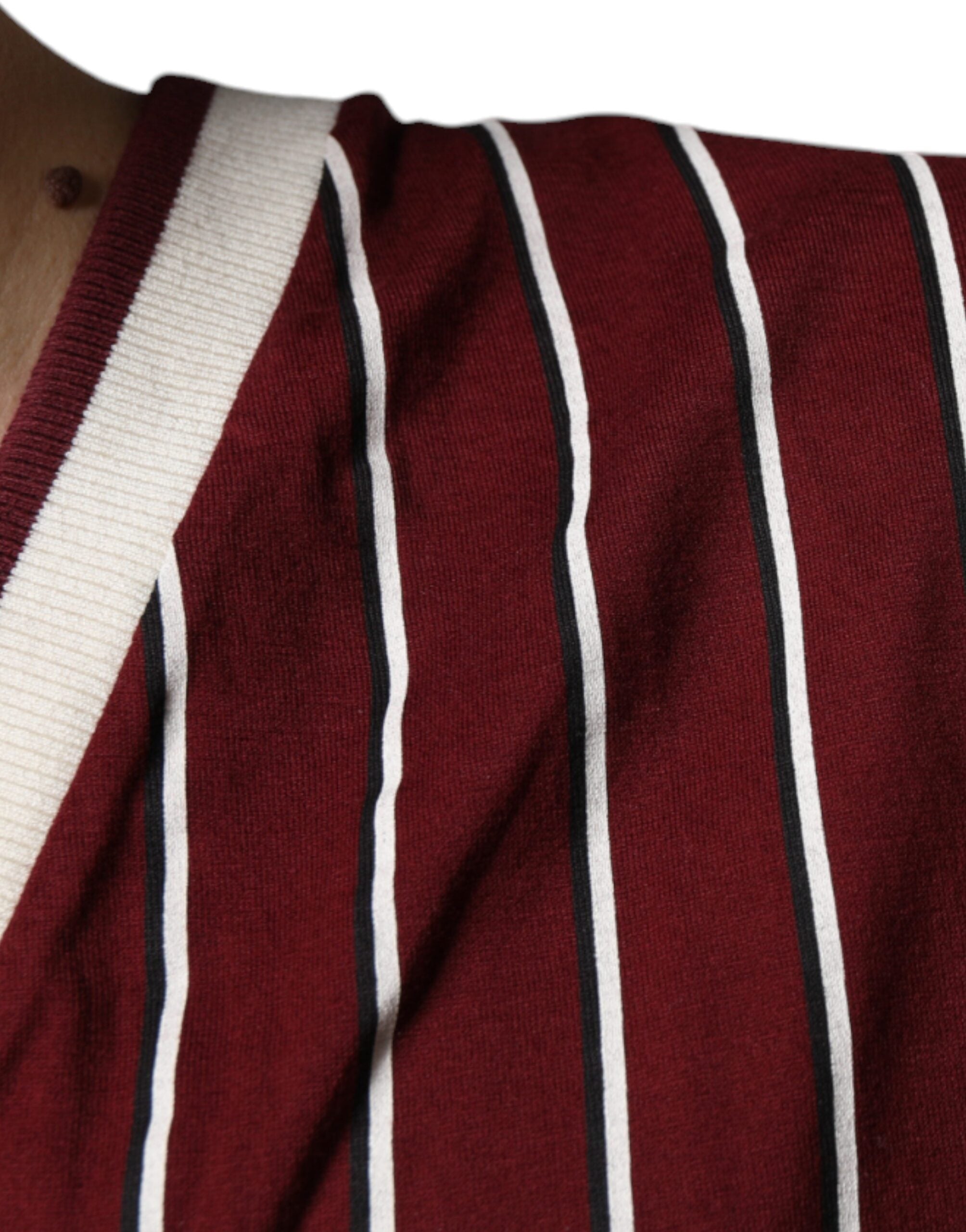 Dolce & Gabbana Maroon Stripes Cotton Logo V-neck T-shirt -   -  Dolce & Gabbana.