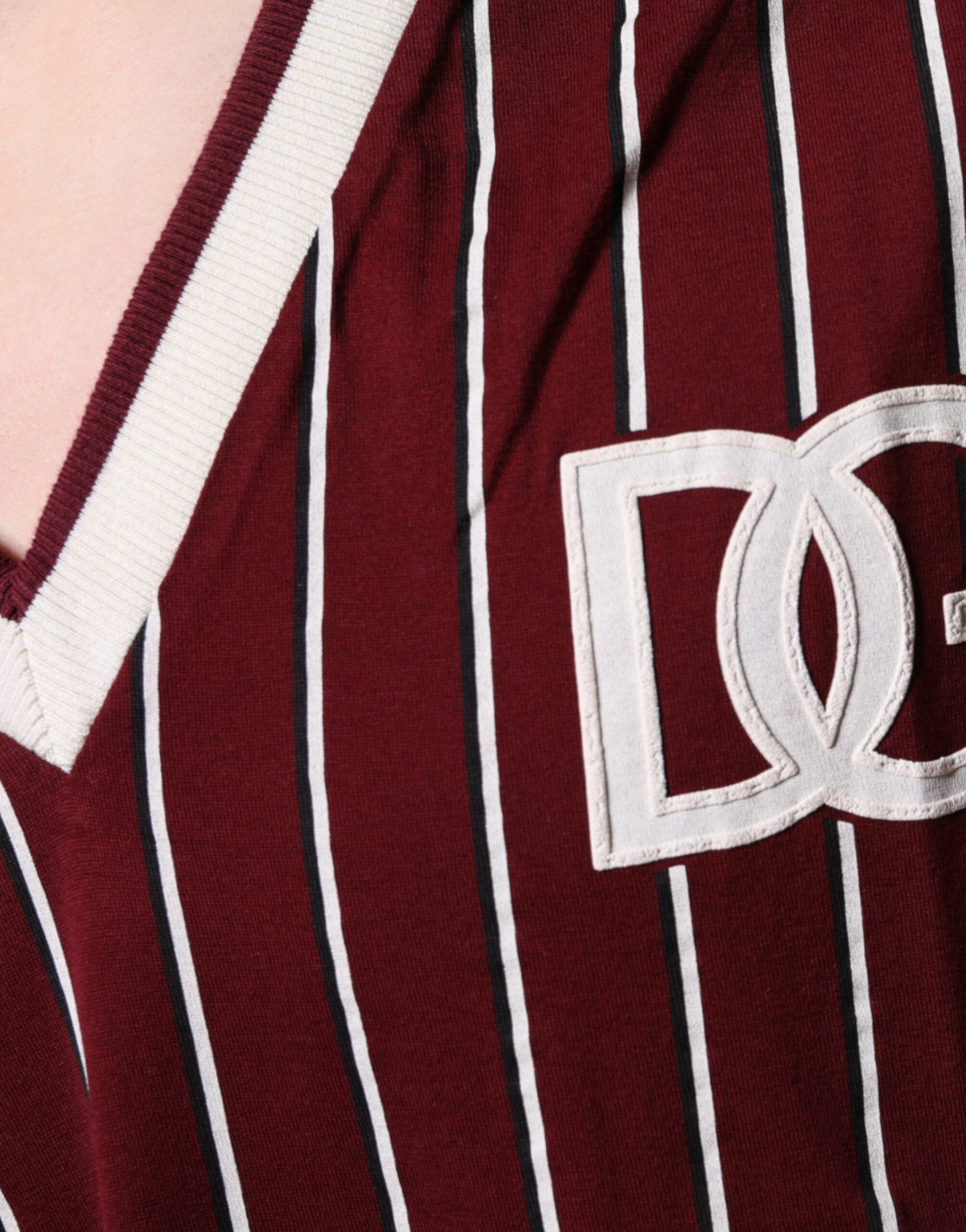 Dolce & Gabbana Maroon Stripes Cotton Logo V-neck T-shirt -   -  Dolce & Gabbana.