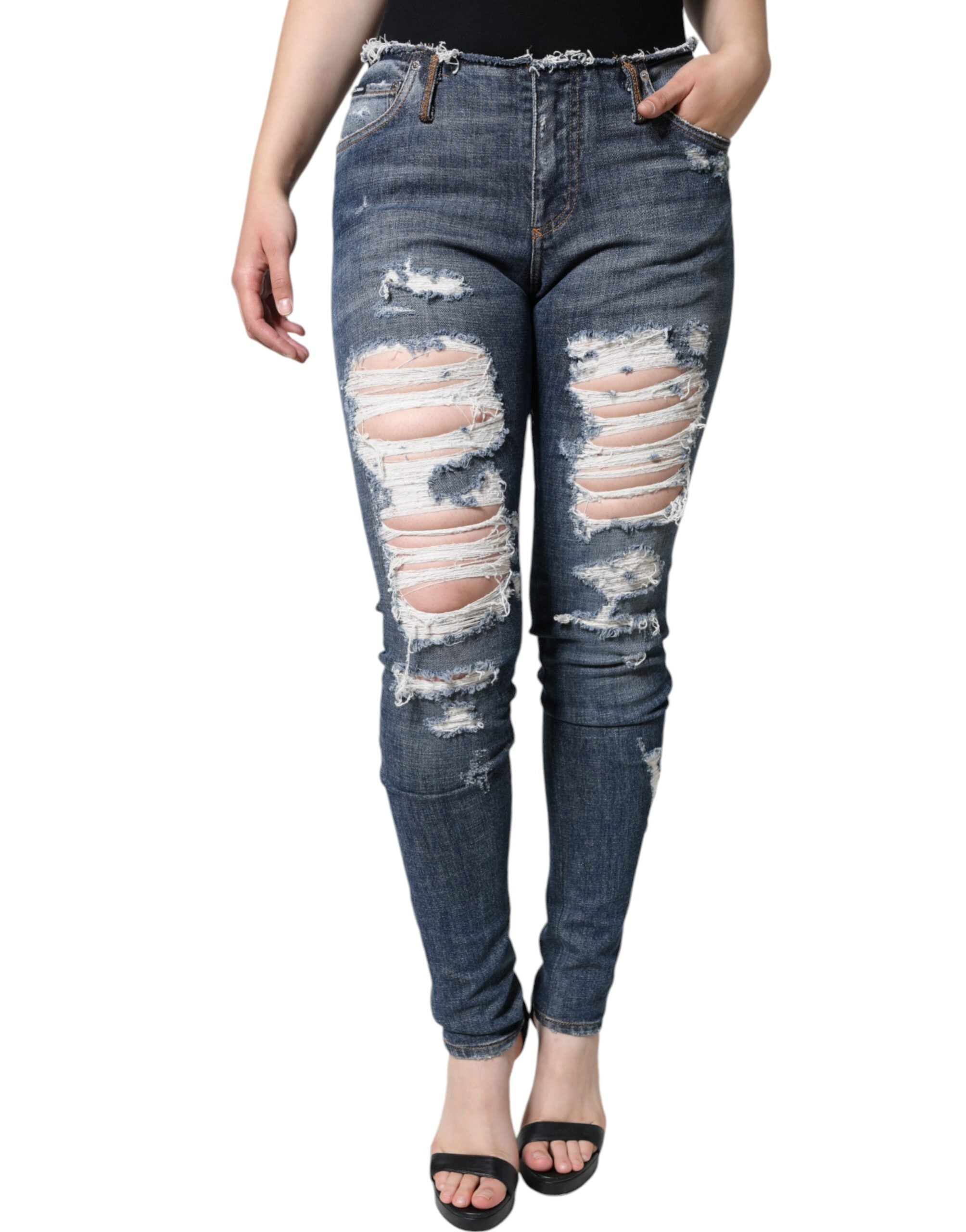 Dolce & Gabbana Blue Cotton Stretch Tattered Skinny Jeans -   -  Dolce & Gabbana.