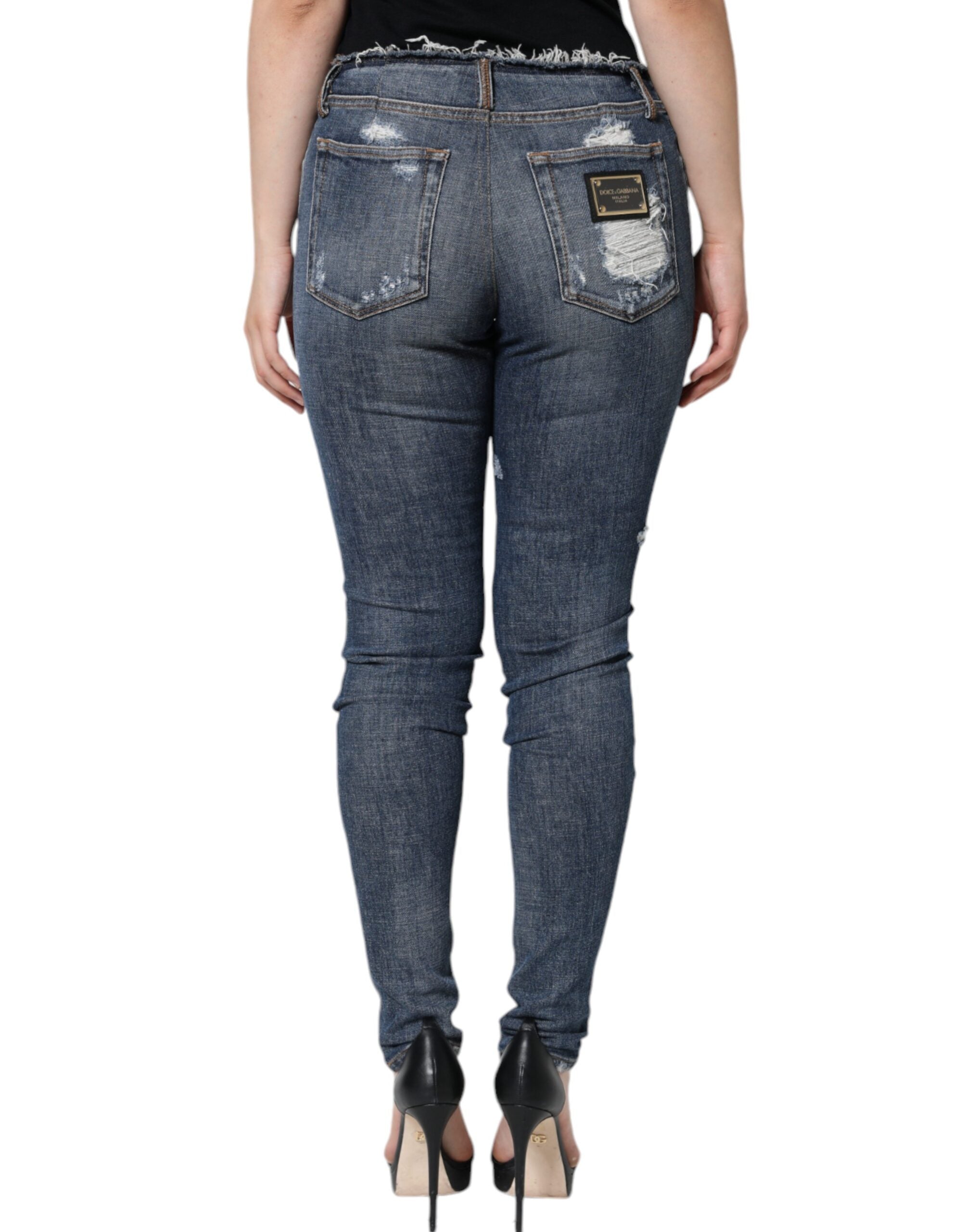 Dolce & Gabbana Blue Cotton Stretch Tattered Skinny Jeans -   -  Dolce & Gabbana.