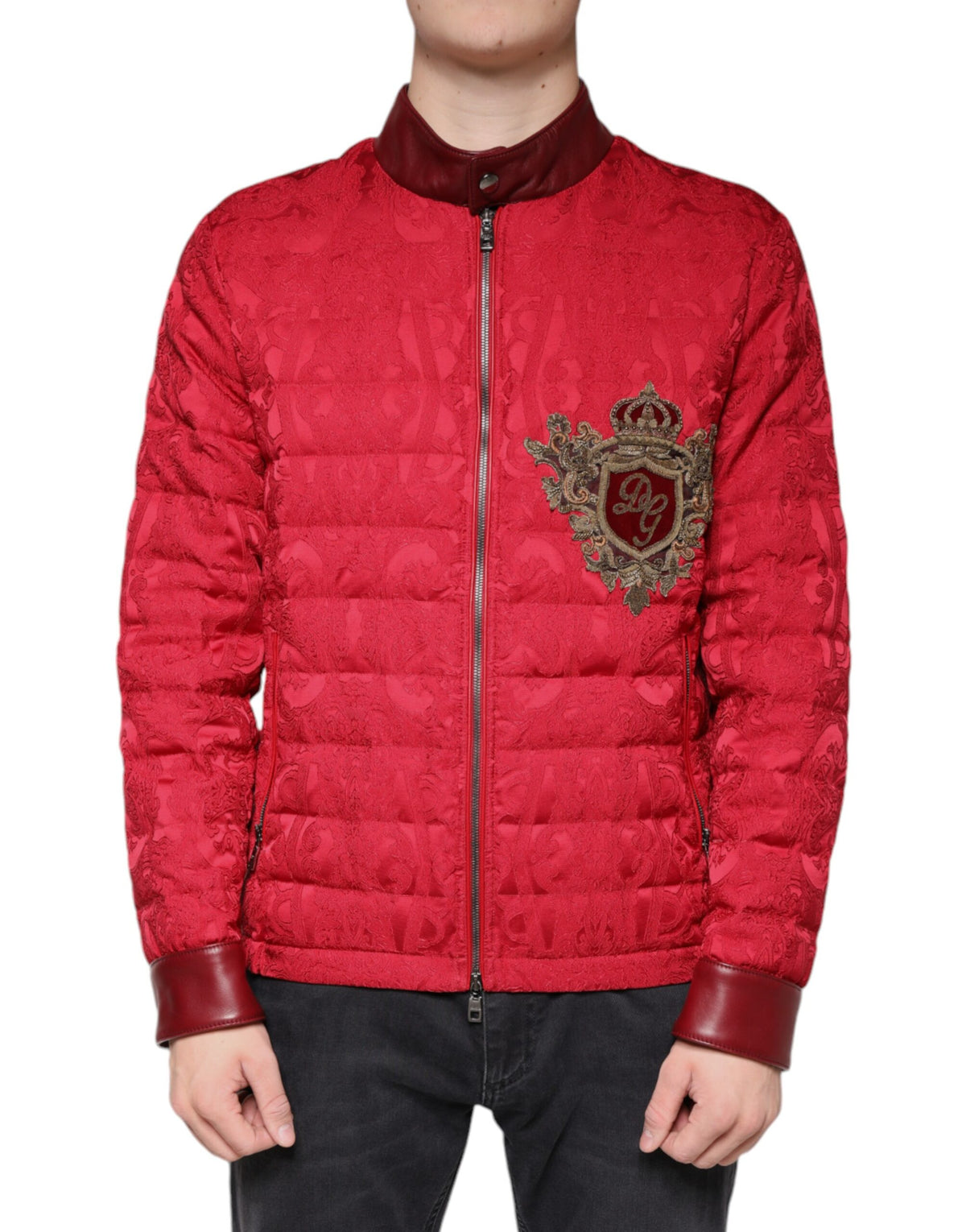 Dolce & Gabbana Red Quilted Bomber Gold Crown Logo Jacket -   -  Dolce & Gabbana.