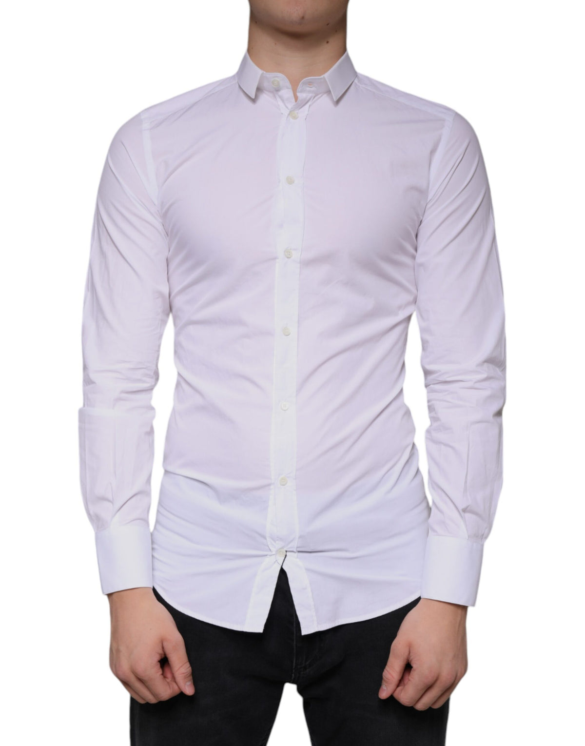 Dolce & Gabbana White Cotton Dress GOLD Formal Collared Shirt -   -  Dolce & Gabbana.