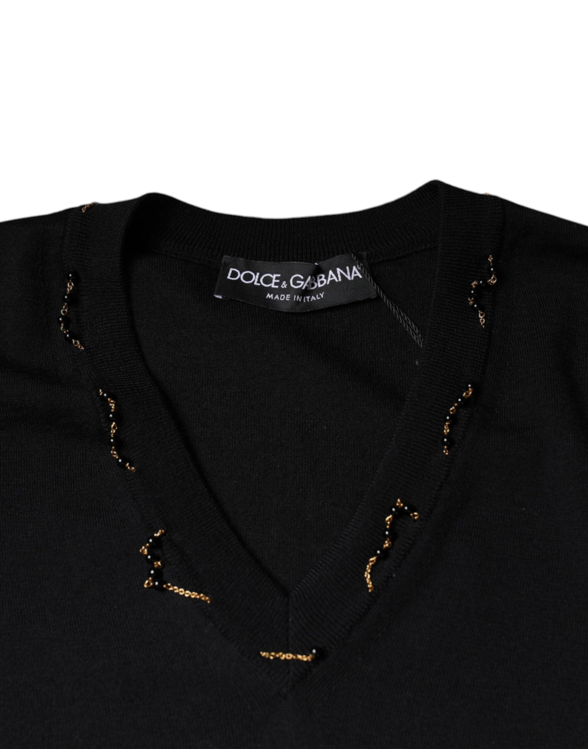 Dolce & Gabbana Black Embellished V-neck Pullover Sweater -   -  Dolce & Gabbana.