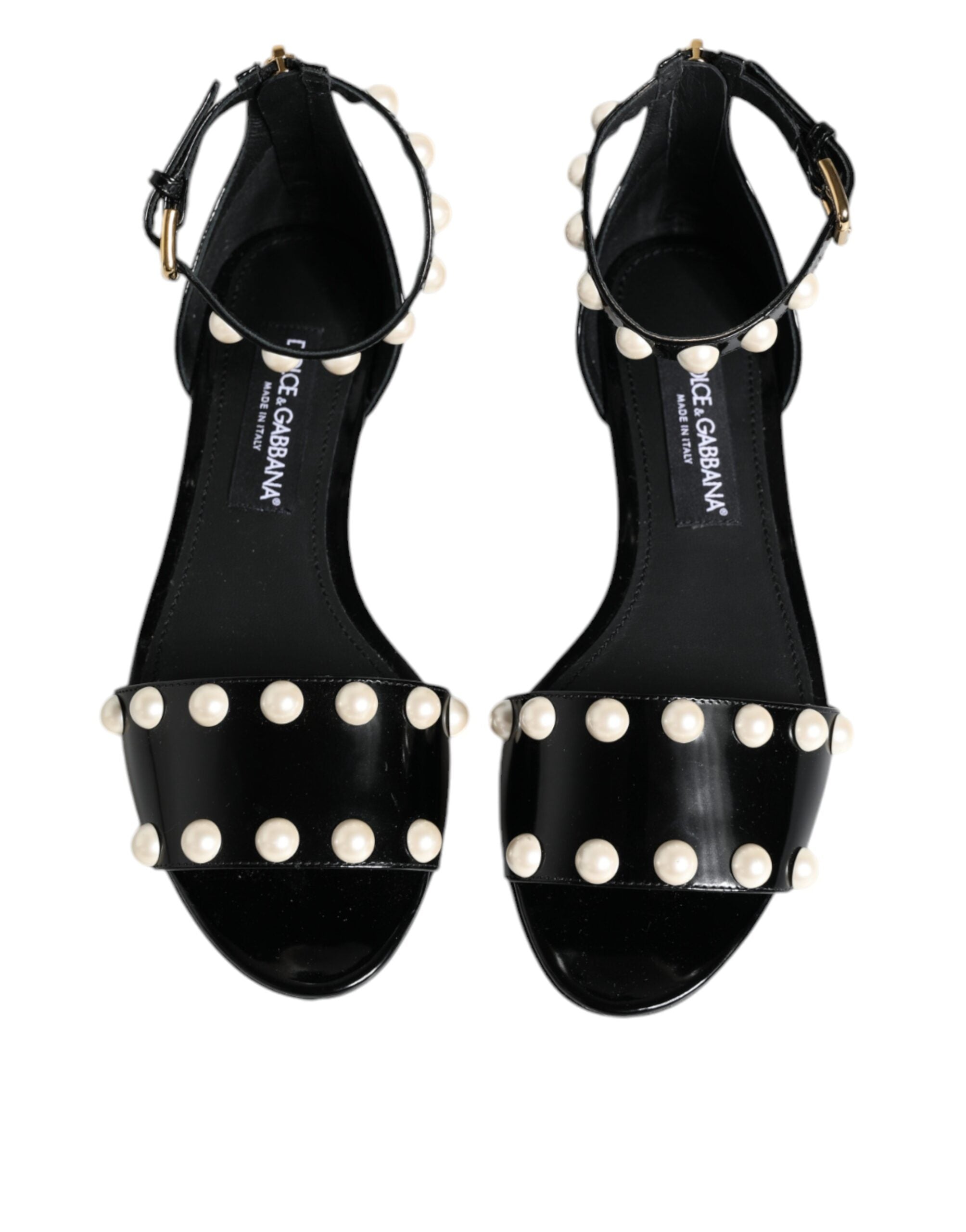 Dolce & Gabbana Black Leather Pearls Ankle Strap Sandals Shoes -   -  Dolce & Gabbana.