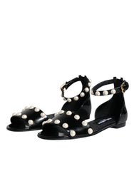 Dolce & Gabbana Black Leather Pearls Ankle Strap Sandals Shoes -   -  Dolce & Gabbana.
