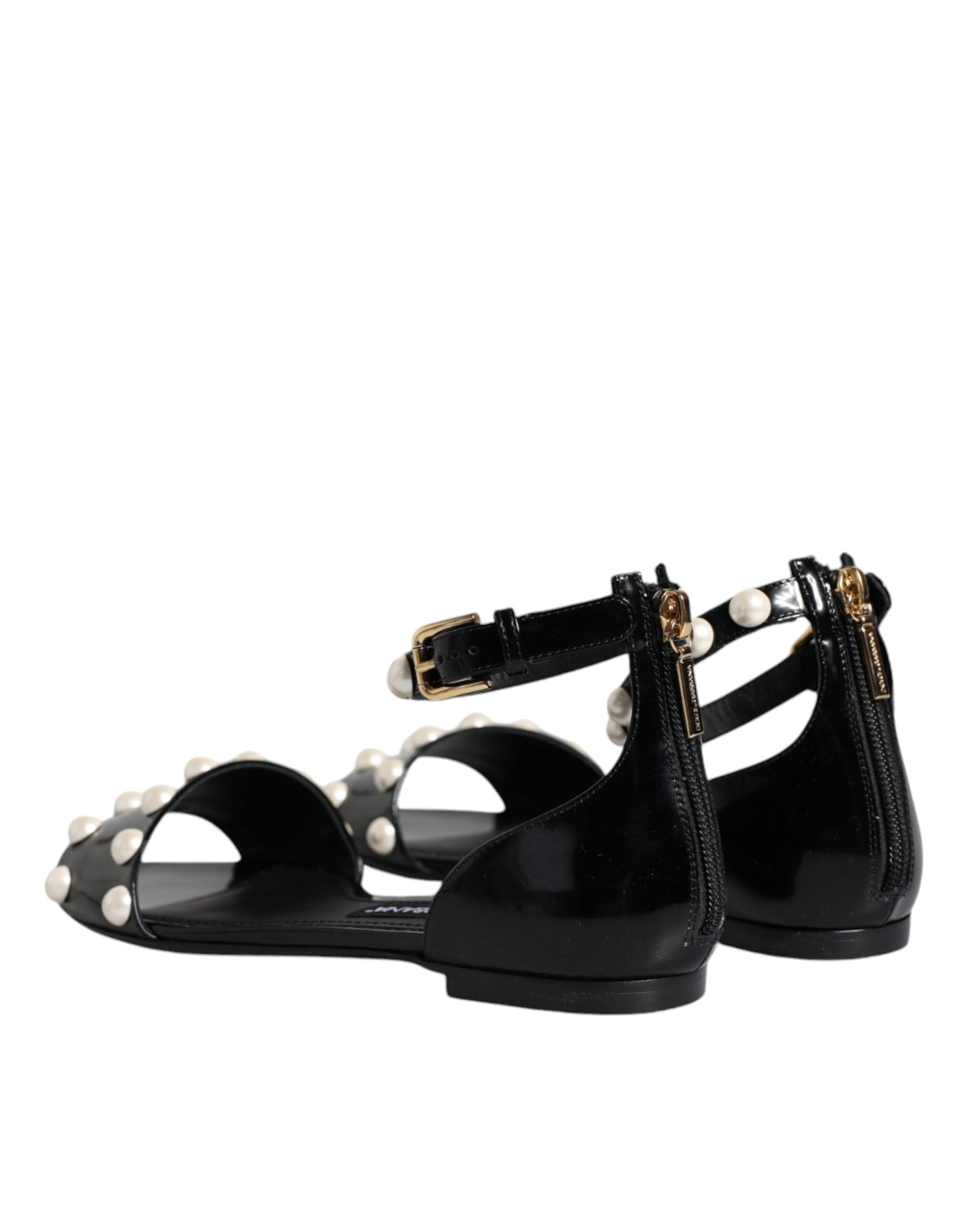 Dolce & Gabbana Black Leather Pearls Ankle Strap Sandals Shoes -   -  Dolce & Gabbana.