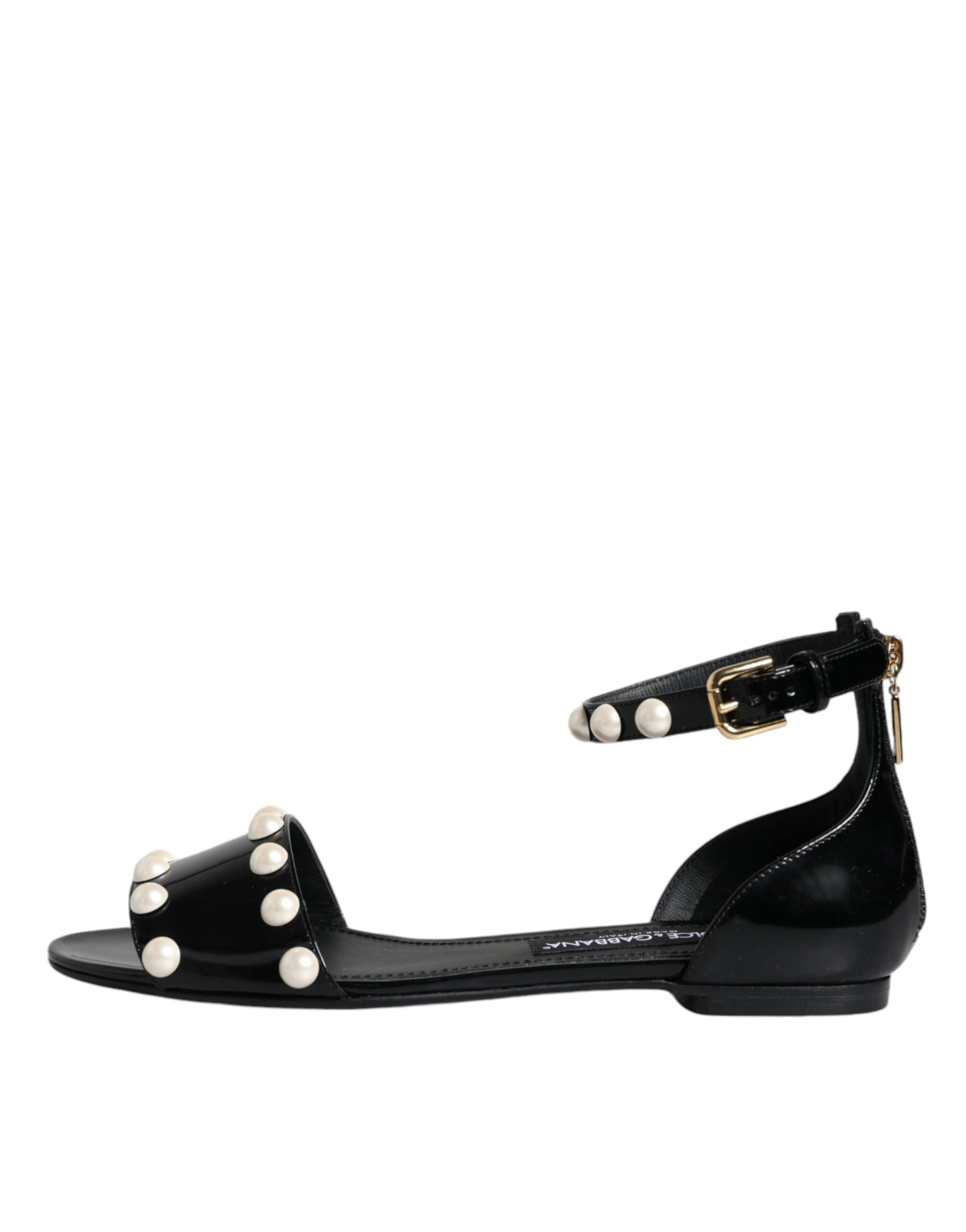 Dolce & Gabbana Black Leather Pearls Ankle Strap Sandals Shoes -   -  Dolce & Gabbana.
