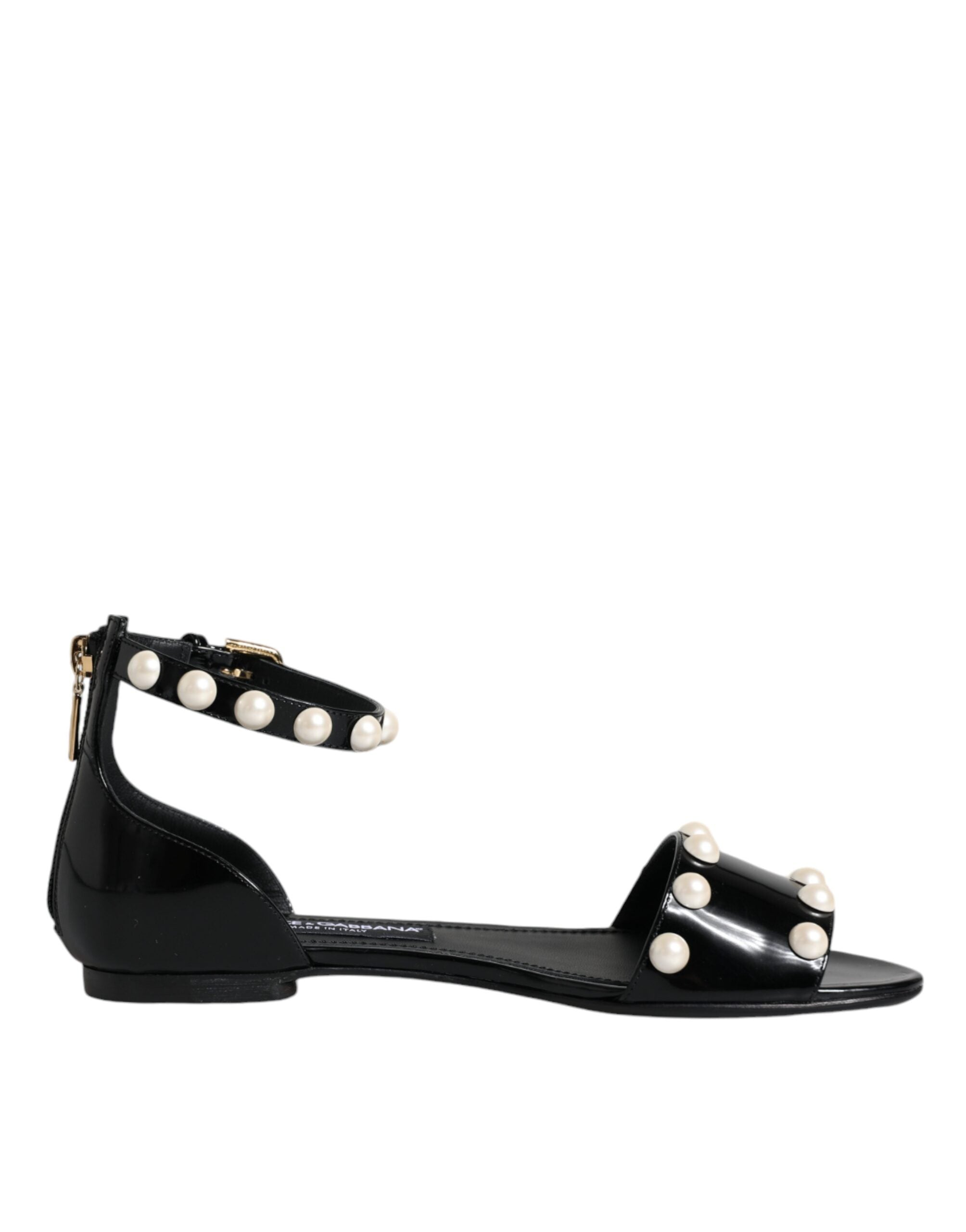 Dolce & Gabbana Black Leather Pearls Ankle Strap Sandals Shoes -   -  Dolce & Gabbana.