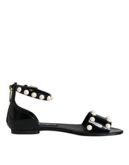 Dolce & Gabbana Black Leather Pearls Ankle Strap Sandals Shoes -   -  Dolce & Gabbana.