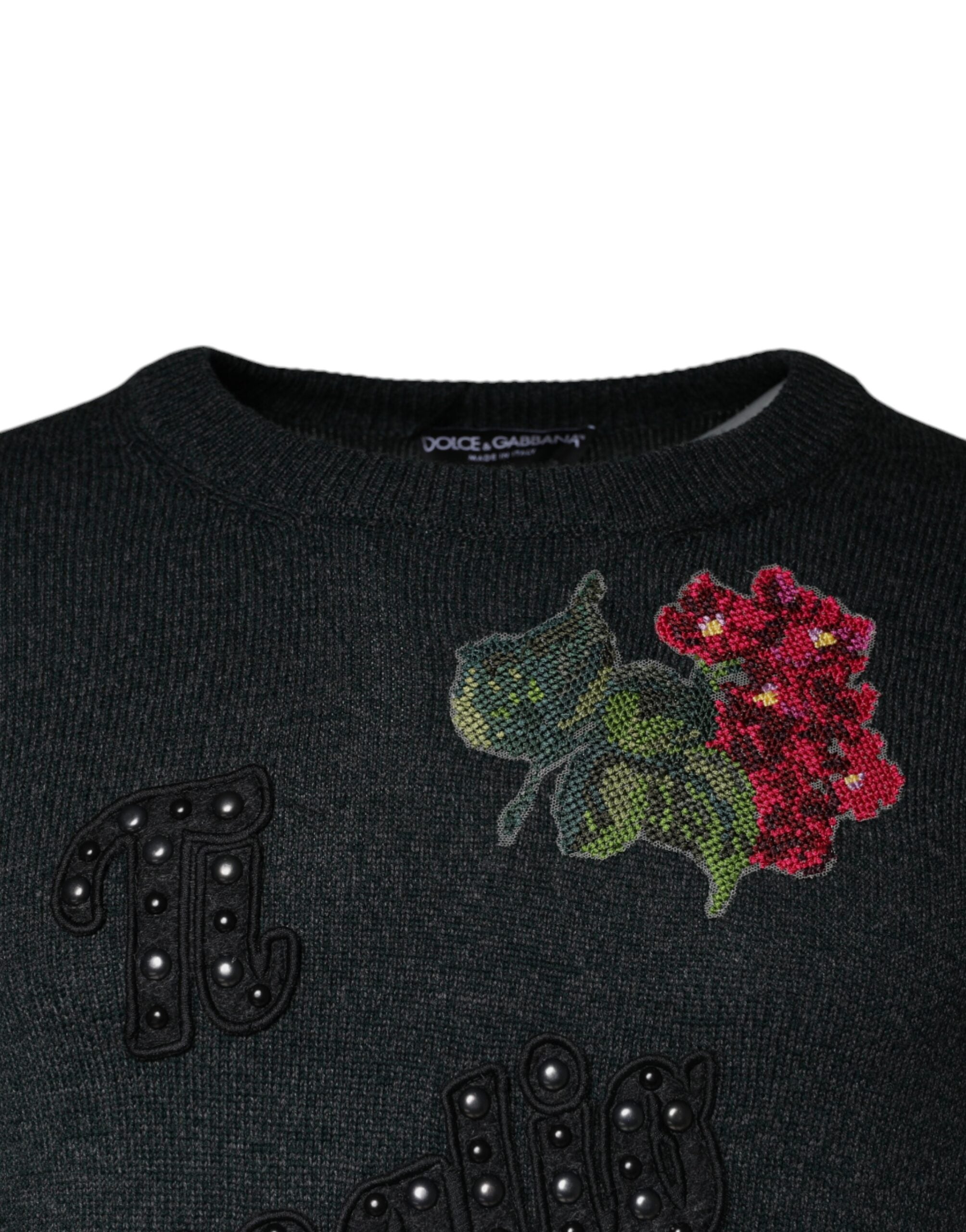 Dolce & Gabbana Gray Embellished Crew Neck Pullover Sweater -   -  Dolce & Gabbana.