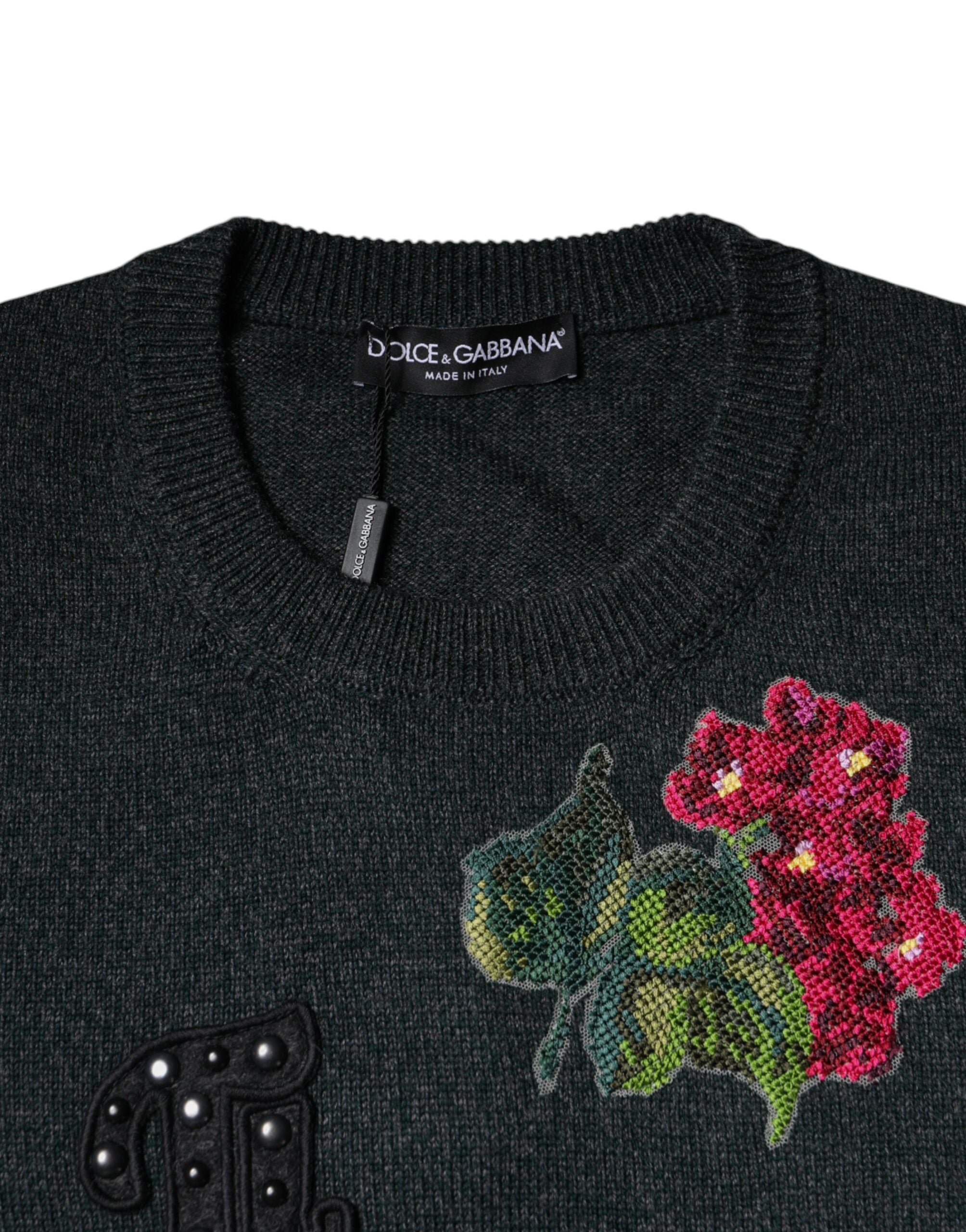 Dolce & Gabbana Gray Embellished Crew Neck Pullover Sweater -   -  Dolce & Gabbana.