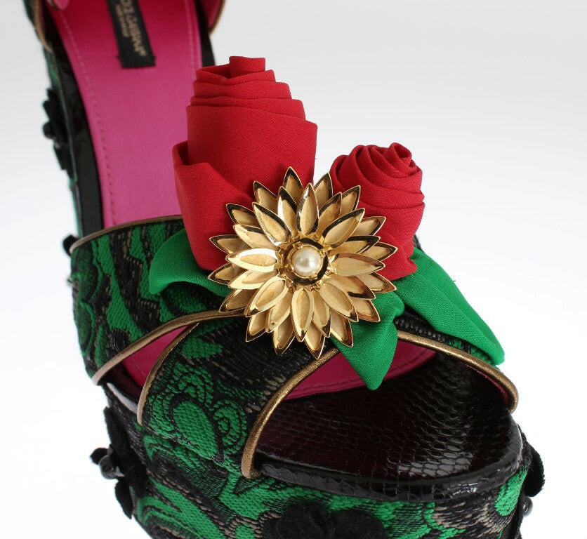 Dolce & Gabbana Green Brocade Snakeskin Roses Crystal Shoes -   -  Dolce & Gabbana.