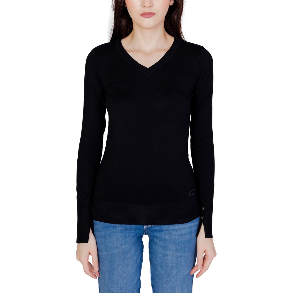 Guess - Refined Fitted Cotton V-Neck Sweater with Button Cuffs - Black