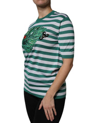Dolce & Gabbana White Green Stripe Leaf Crew Neck T-shirt -   -  Dolce & Gabbana.