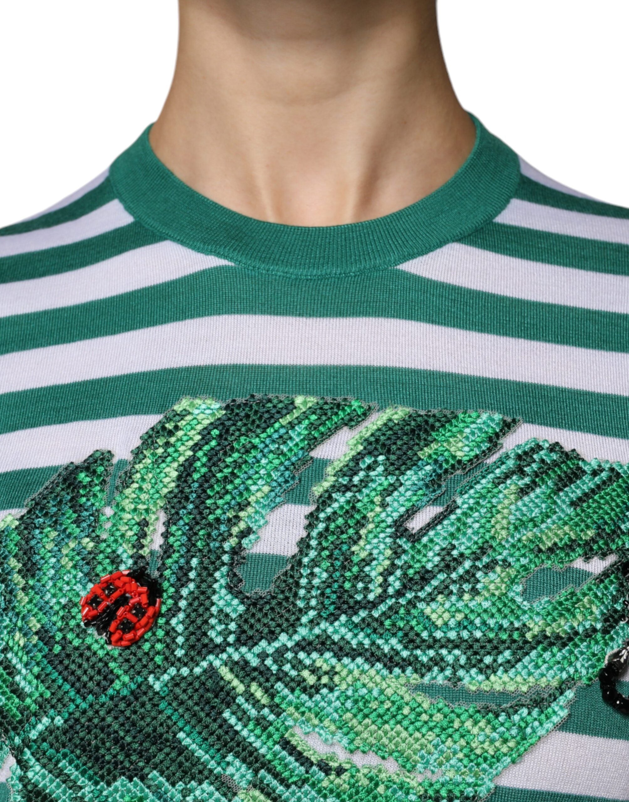 Dolce & Gabbana White Green Stripe Leaf Crew Neck T-shirt -   -  Dolce & Gabbana.