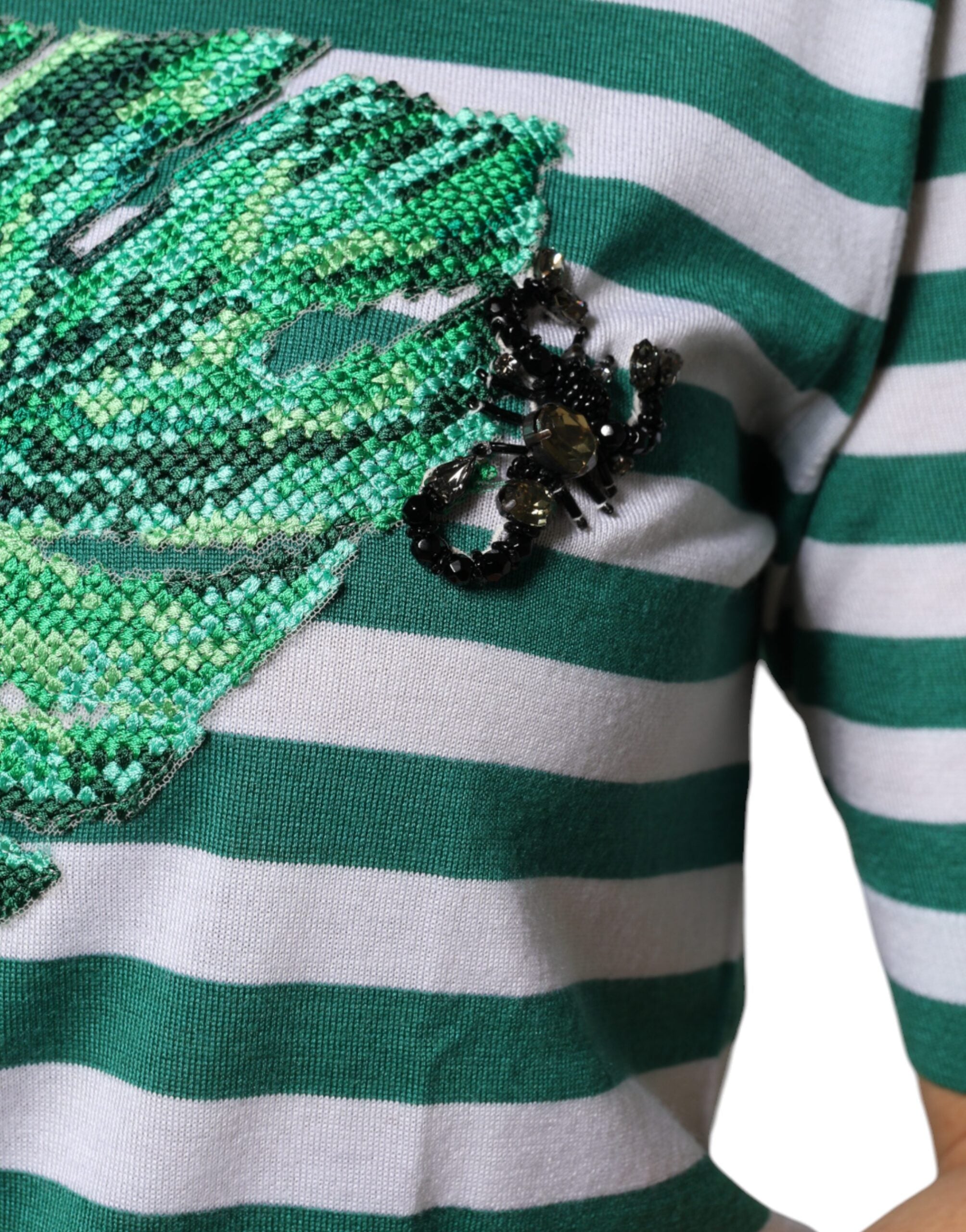 Dolce & Gabbana White Green Stripe Leaf Crew Neck T-shirt -   -  Dolce & Gabbana.