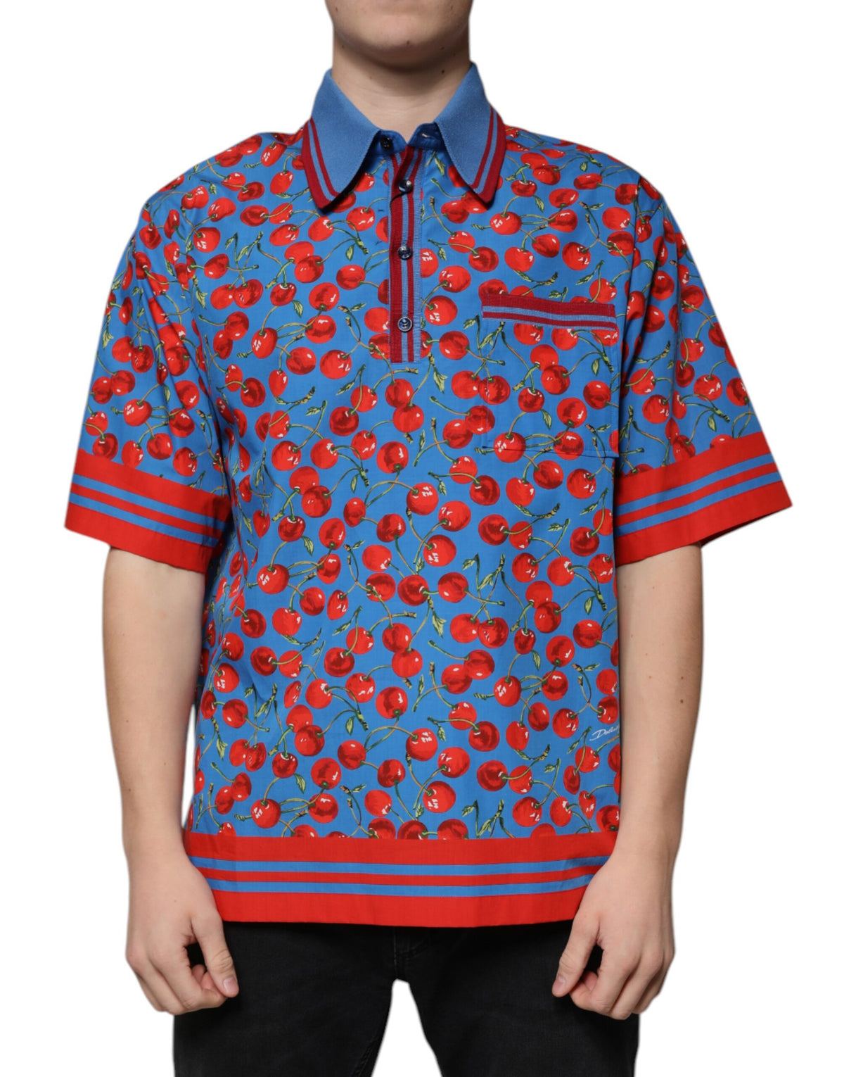 Dolce & Gabbana Blue Cherry Cotton Collared Men Polo T-shirt -   -  Dolce & Gabbana.