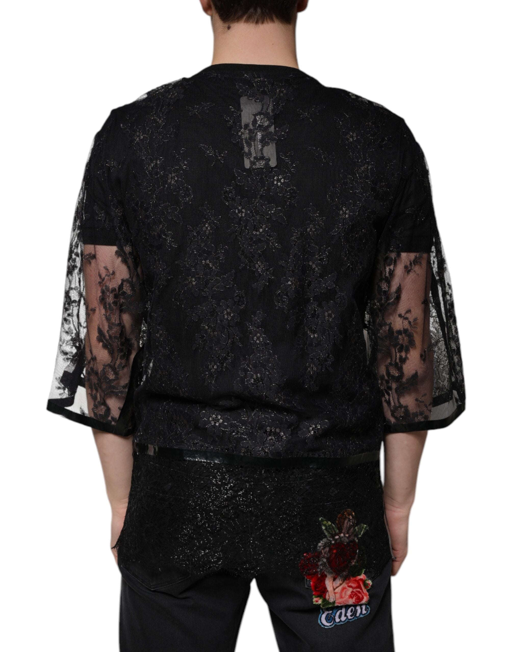 Dolce & Gabbana Black Nylon Floral Lace Crew Neck T-shirt -   -  Dolce & Gabbana.
