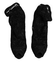 Dolce & Gabbana Black Lace Stretch Heels Mid Calf Boots Shoes -   -  Dolce & Gabbana.