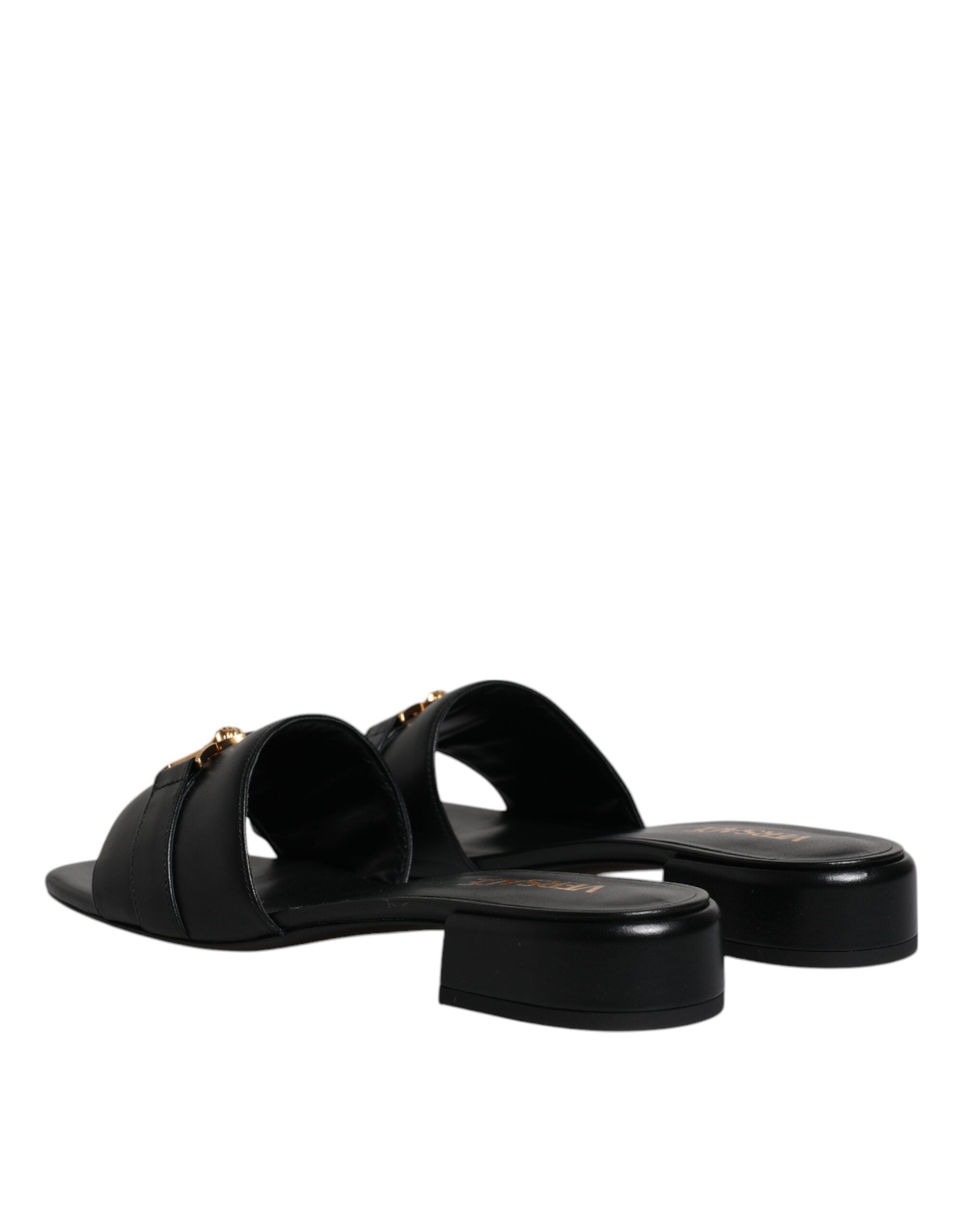 Versace Black Leather Logo Plaque Slip On Slides Flats Shoes -   -  Versace.